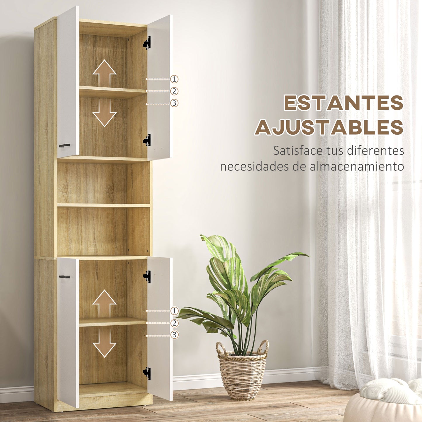 kleankin Columna Auxiliar de Baño Armario Alto de Baño con 4 Puertas 2 Estantes Abiertos y Estantes Ajustables Estilo Moderno para Salón 53x33,5x195,7 cm Blanco y Roble