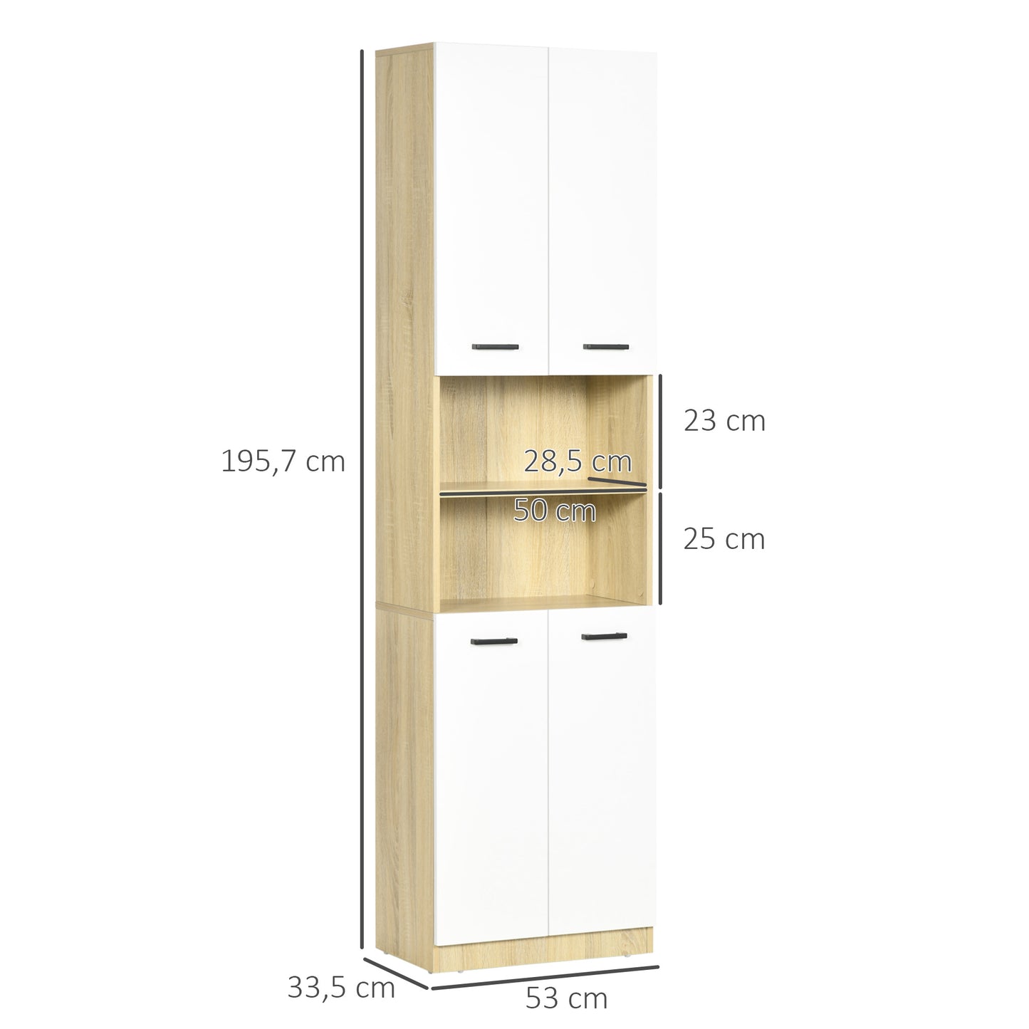 kleankin Columna Auxiliar de Baño Armario Alto de Baño con 4 Puertas 2 Estantes Abiertos y Estantes Ajustables Estilo Moderno para Salón 53x33,5x195,7 cm Blanco y Roble