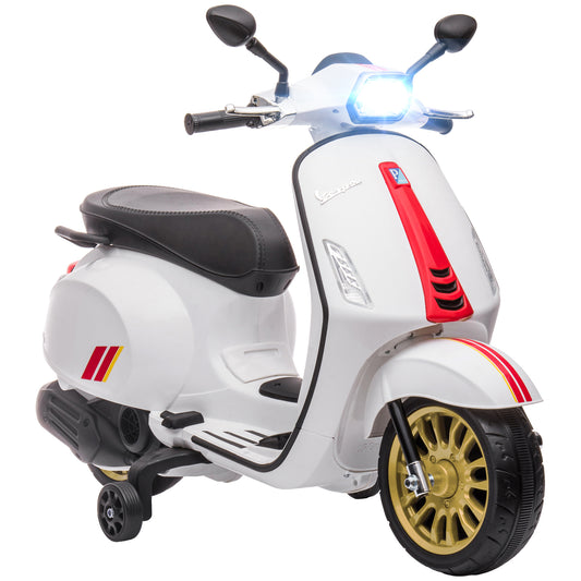 AIYAPLAY Moto Eléctrica para Niños de +3 Años con Licencia Vespa Moto de Batería para Niños 6V con USB MP3 Luz LED Radio FM Moto para Niños con Velocidad 3 km/h Carga 35 kg Blanco