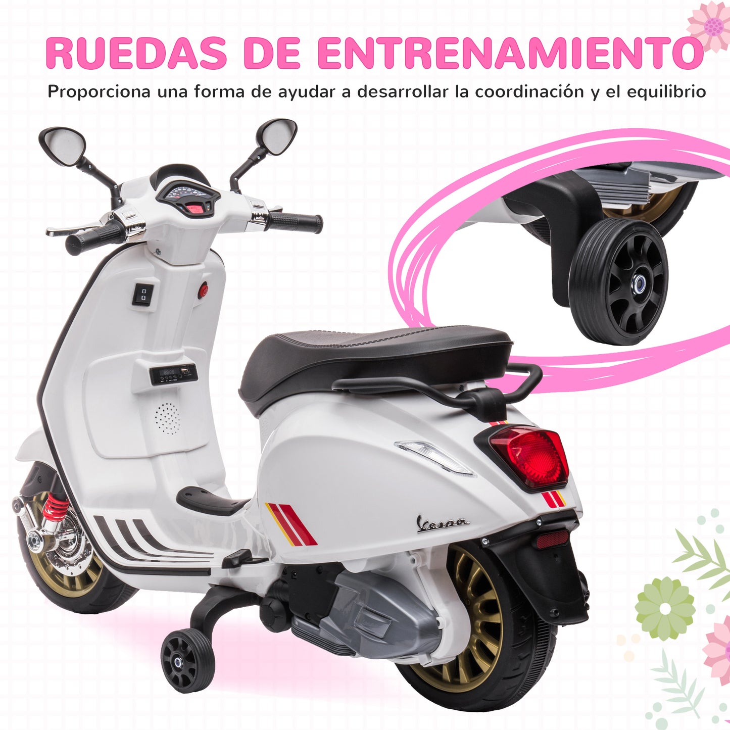 AIYAPLAY Moto Eléctrica para Niños de +3 Años con Licencia Vespa Moto de Batería para Niños 6V con USB MP3 Luz LED Radio FM Moto para Niños con Velocidad 3 km/h Carga 35 kg Blanco