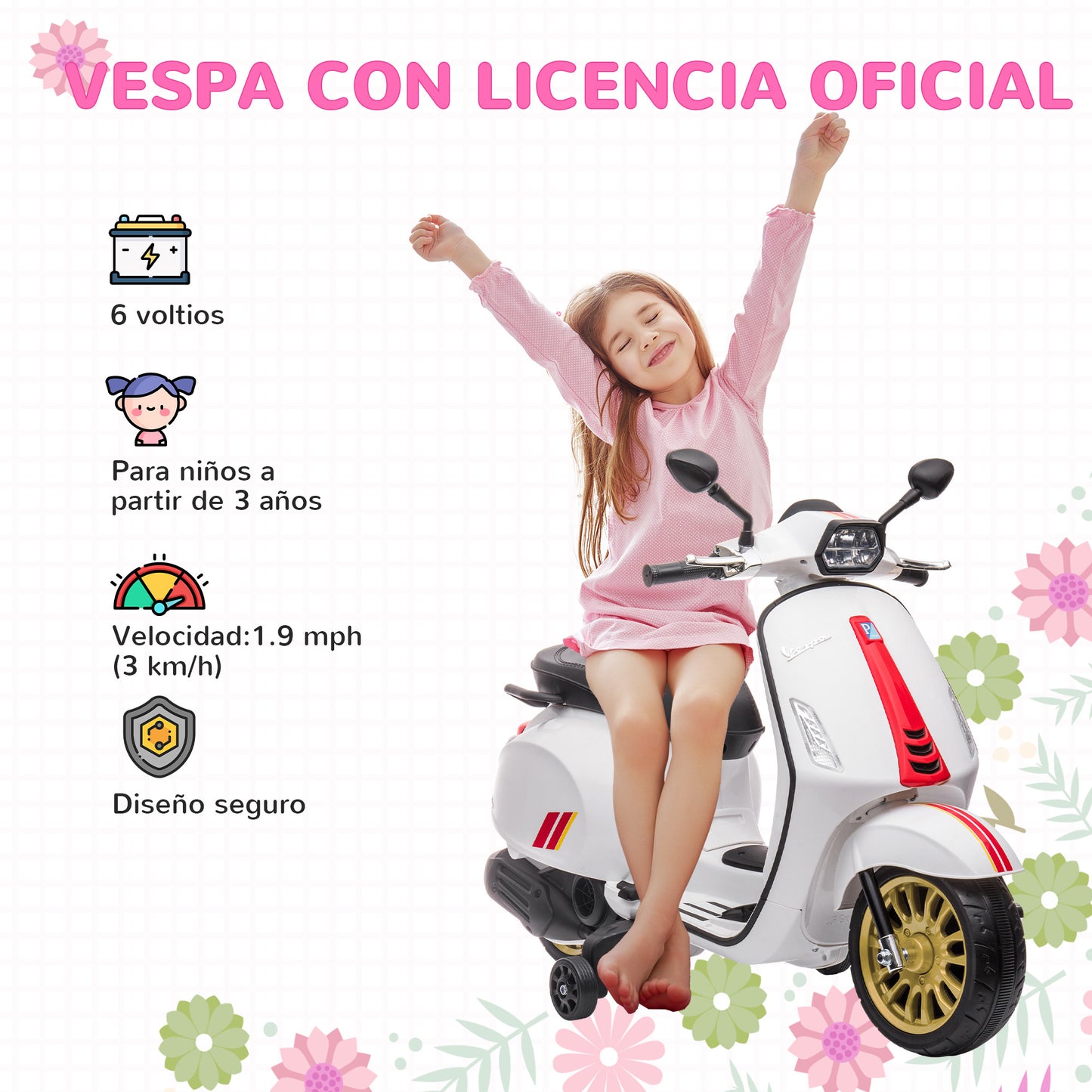 AIYAPLAY Moto Eléctrica para Niños de +3 Años con Licencia Vespa Moto de Batería para Niños 6V con USB MP3 Luz LED Radio FM Moto para Niños con Velocidad 3 km/h Carga 35 kg Blanco