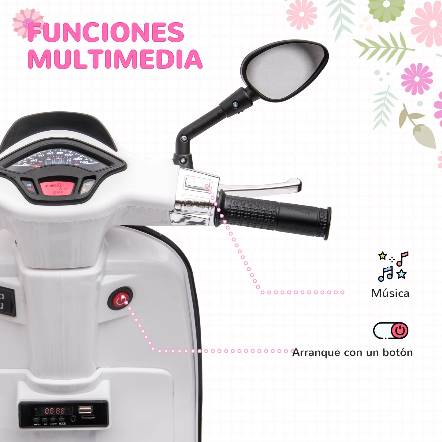 AIYAPLAY Moto Eléctrica para Niños de +3 Años con Licencia Vespa Moto de Batería para Niños 6V con USB MP3 Luz LED Radio FM Moto para Niños con Velocidad 3 km/h Carga 35 kg Blanco