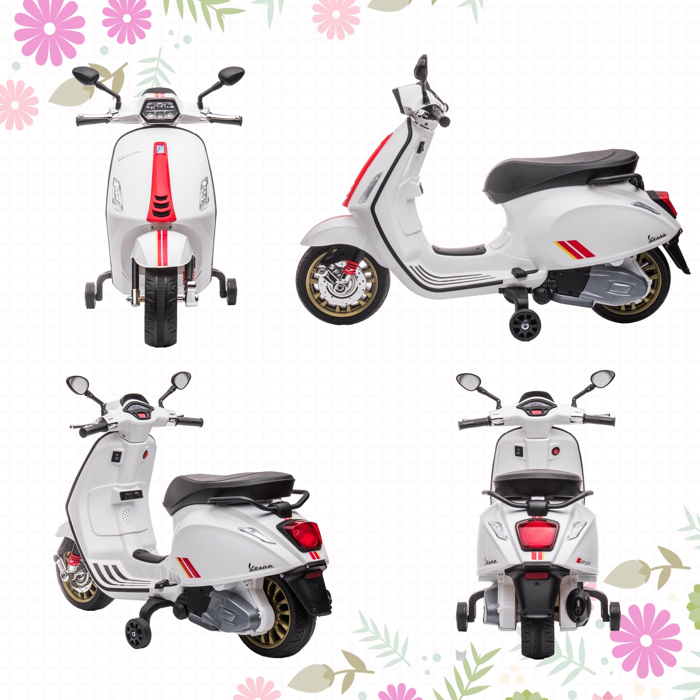 AIYAPLAY Moto Eléctrica para Niños de +3 Años con Licencia Vespa Moto de Batería para Niños 6V con USB MP3 Luz LED Radio FM Moto para Niños con Velocidad 3 km/h Carga 35 kg Blanco