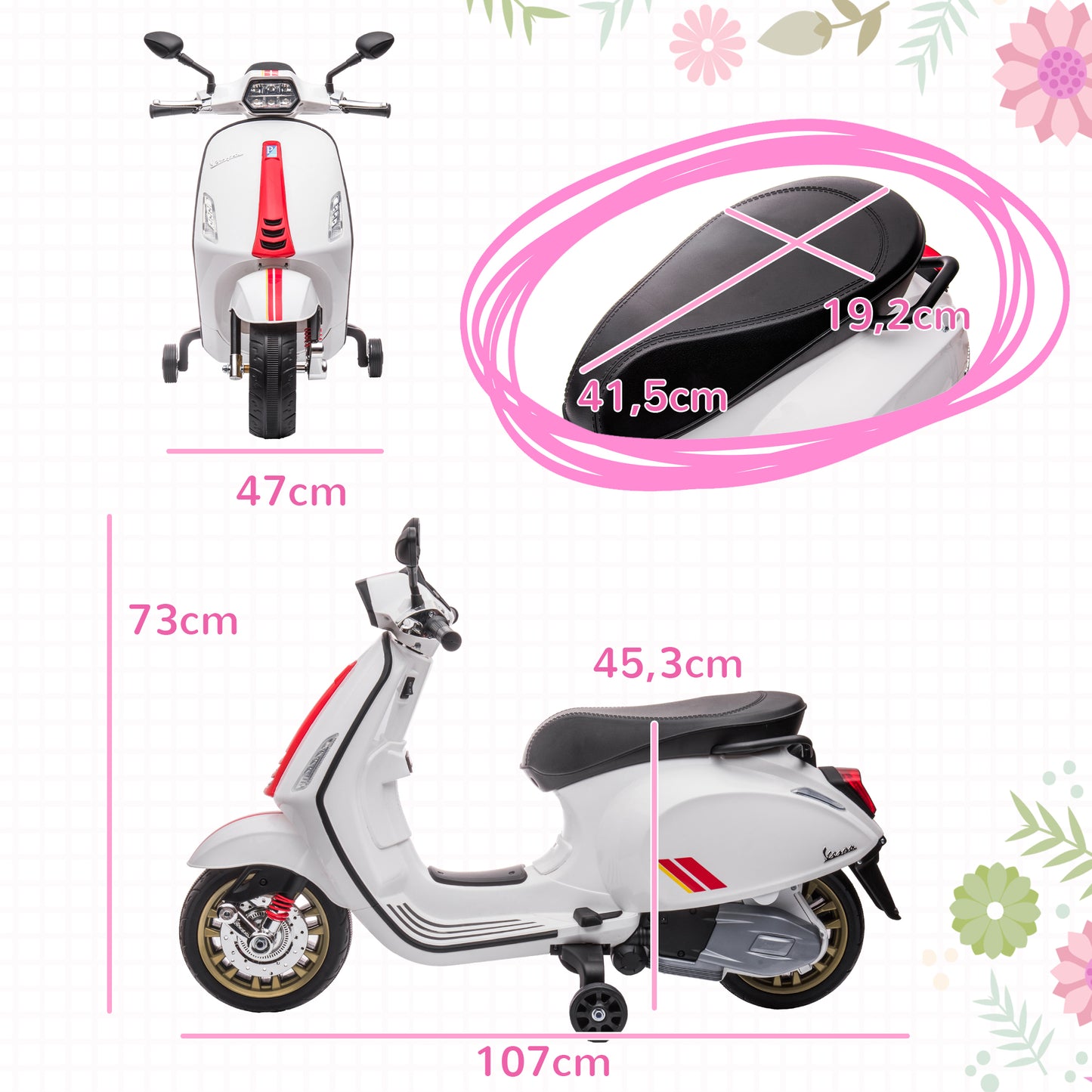 AIYAPLAY Moto Eléctrica para Niños de +3 Años con Licencia Vespa Moto de Batería para Niños 6V con USB MP3 Luz LED Radio FM Moto para Niños con Velocidad 3 km/h Carga 35 kg Blanco