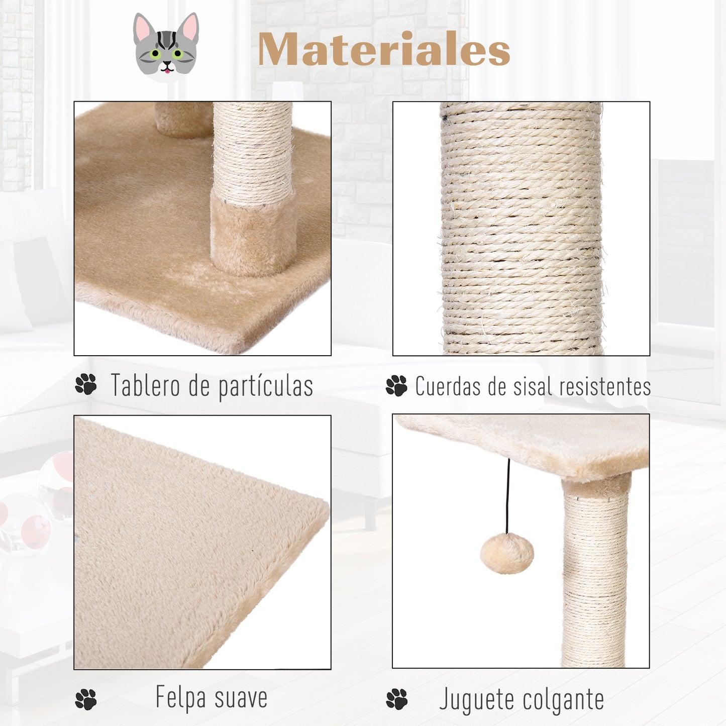 PawHut Árbol Rascador para Gatos 40x40x98 cm con Cueva Juguete Colgante Rampa Rascador y Postes Rascadores Cuerda de Sisal Gris y Beige