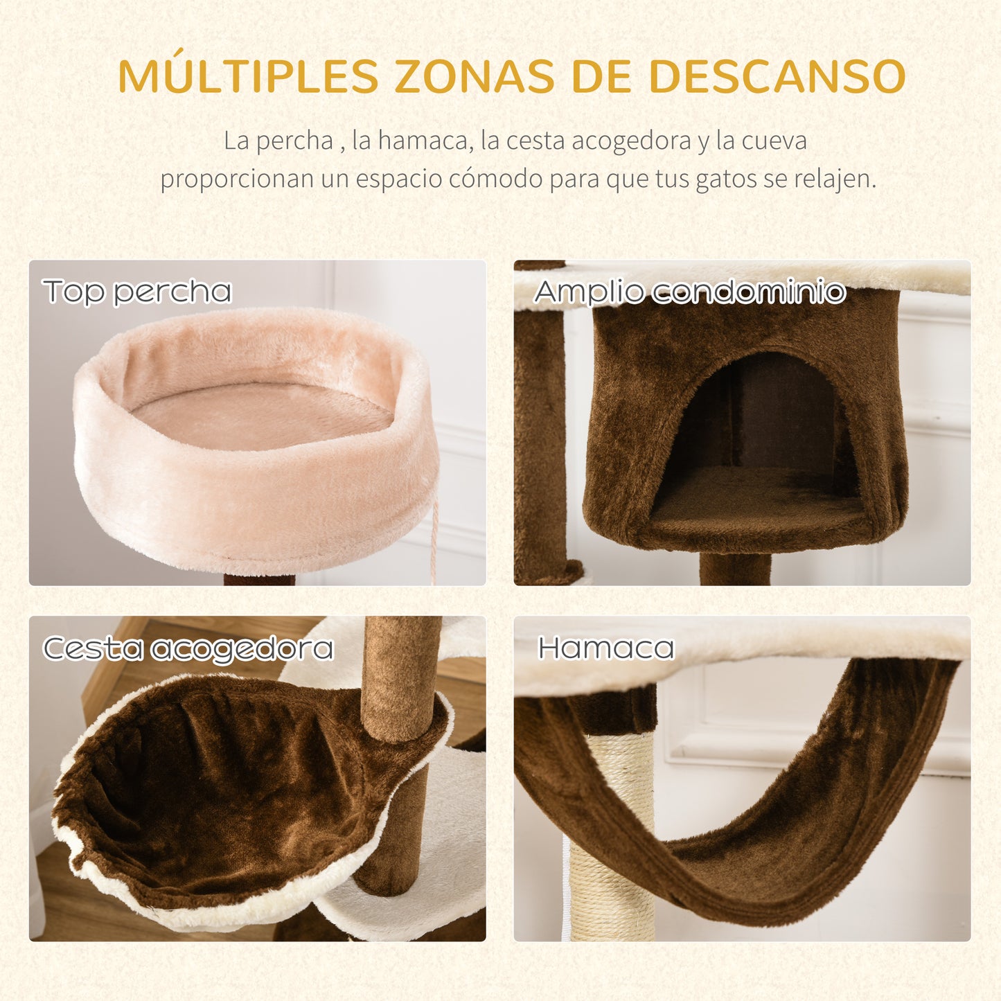 PawHut Árbol Rascador para Gatos Grande 65x50x153 cm Torre para Gatos Centro de Actividades con Múltiples Plataforma Poste Hamaca Bolas de Juguete y Cueva Marrón