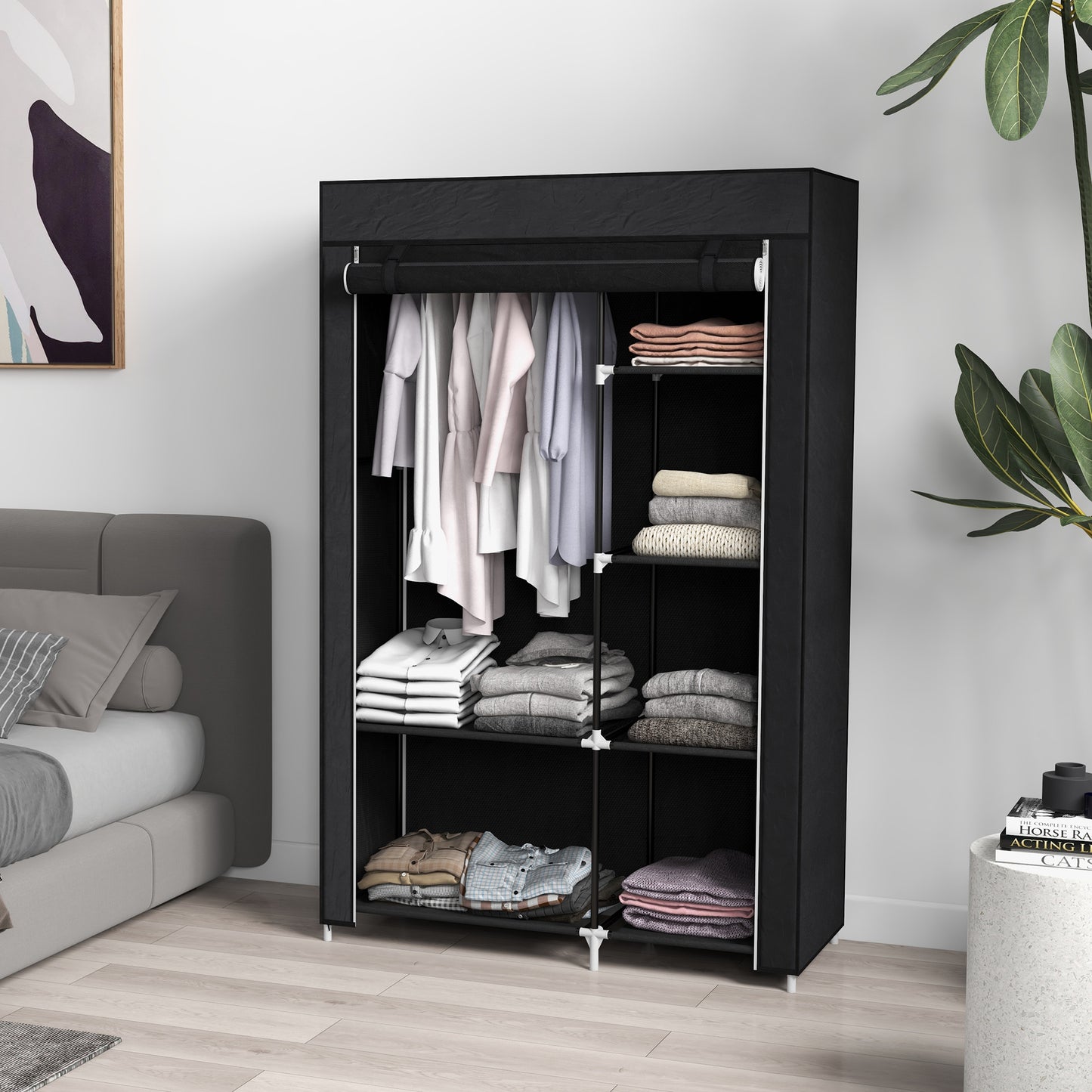 HOMCOM Armario de Tela Plegable Armario de Ropa Organizador Ropero Portátil con Estantes y Barra para Colgar para Dormitorio Vestidor 103x43x162,5 cm Negro