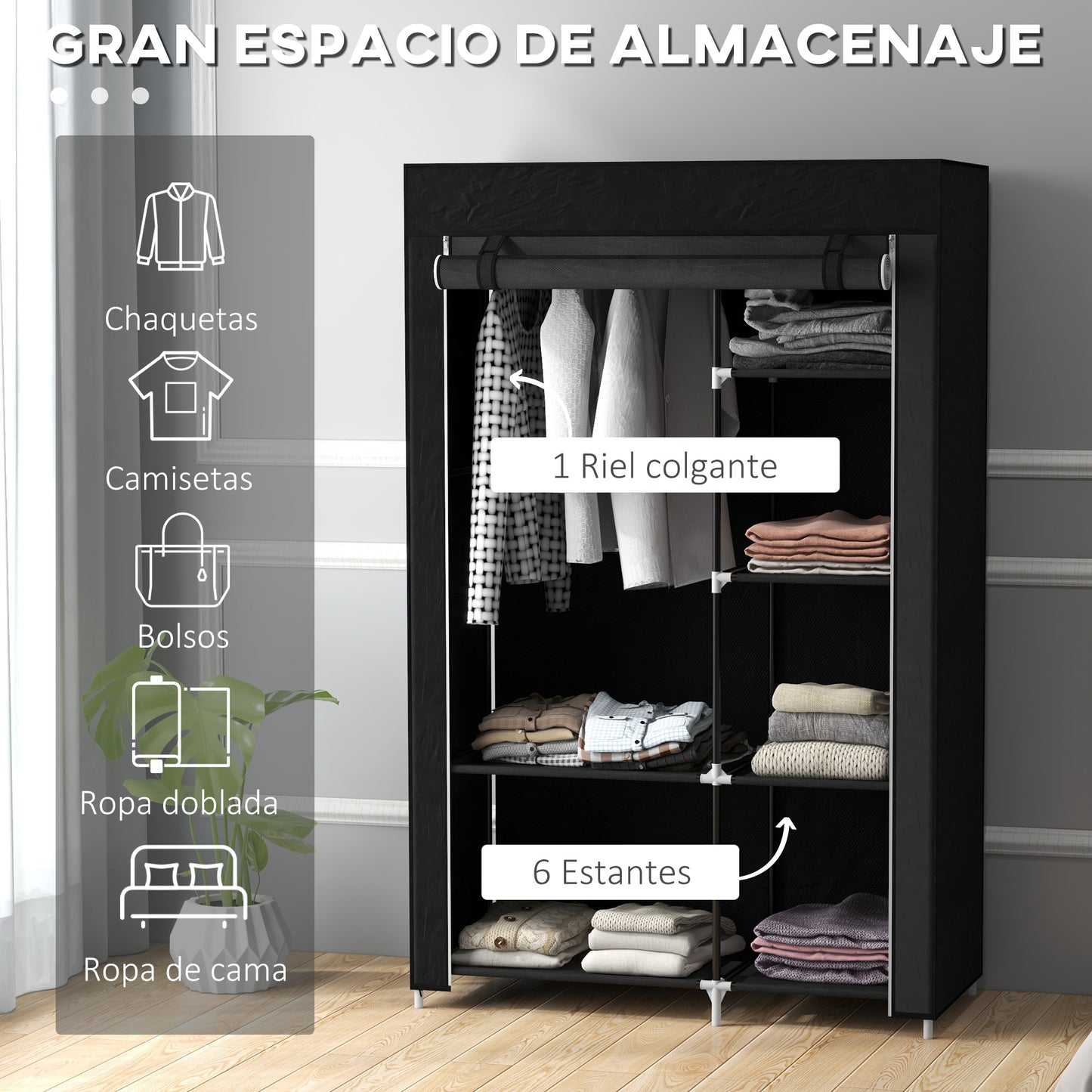 HOMCOM Armario de Tela Plegable Armario de Ropa Organizador Ropero Portátil con Estantes y Barra para Colgar para Dormitorio Vestidor 103x43x162,5 cm Negro