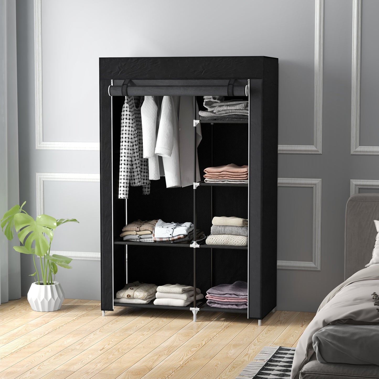 HOMCOM Armario de Tela Plegable Armario de Ropa Organizador Ropero Portátil con Estantes y Barra para Colgar para Dormitorio Vestidor 103x43x162,5 cm Negro