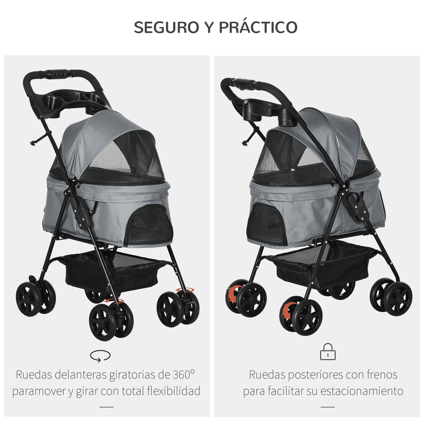 PawHut Cochecito para Perros Plegable Carrito para Perros Pequeños con Ruedas Universales Cesta de Almacenaje Correas de Seguridad y Ventanas 67x45x96 cm Gris