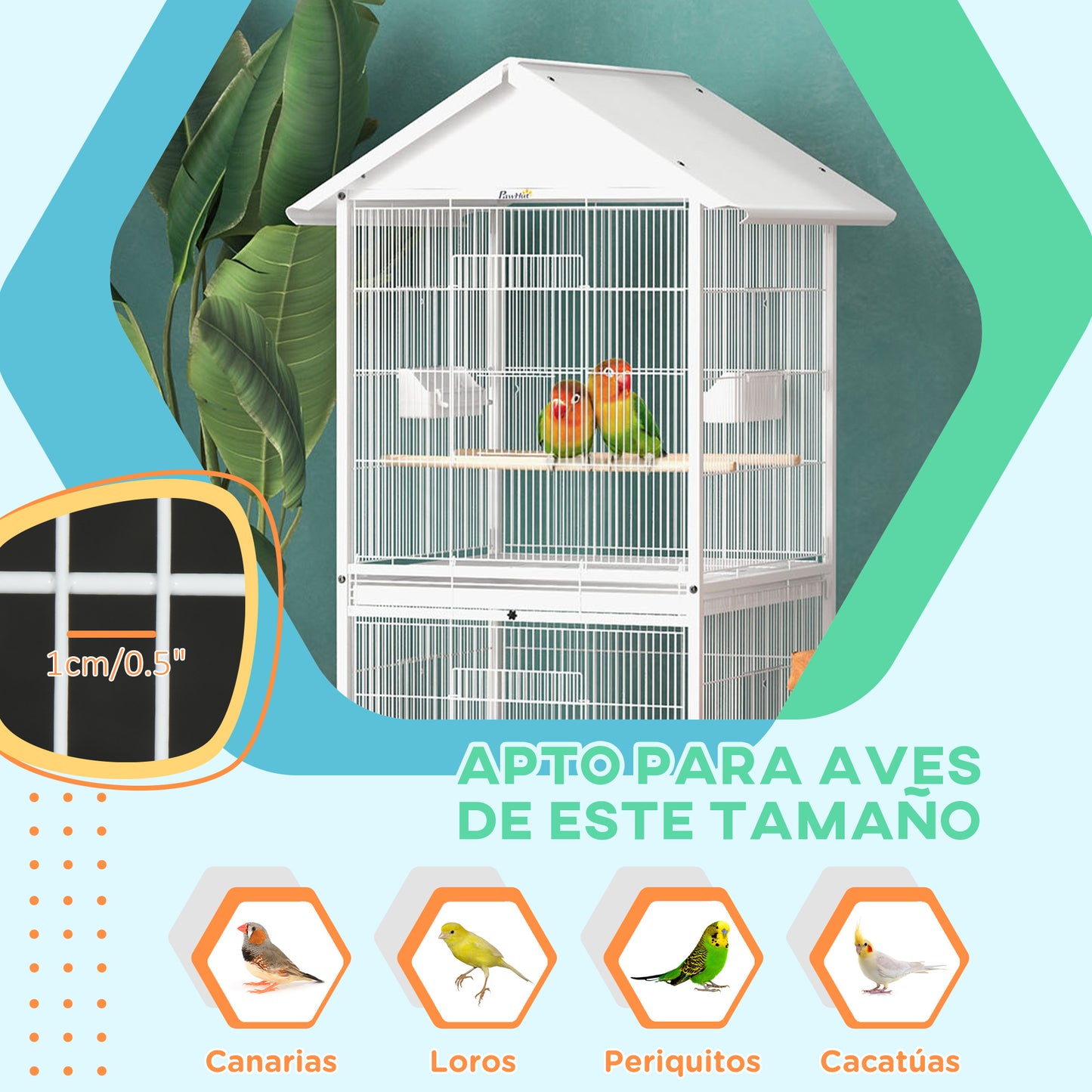 PawHut Jaula para Pájaros 2 en 1 Grande de 2 Pisos Convertible en Sola Jaula con Ruedas 4 Comederos 4 Perchas y Bandejas Extraíbles para Canarios Loros 78x75x168 cm Blanco