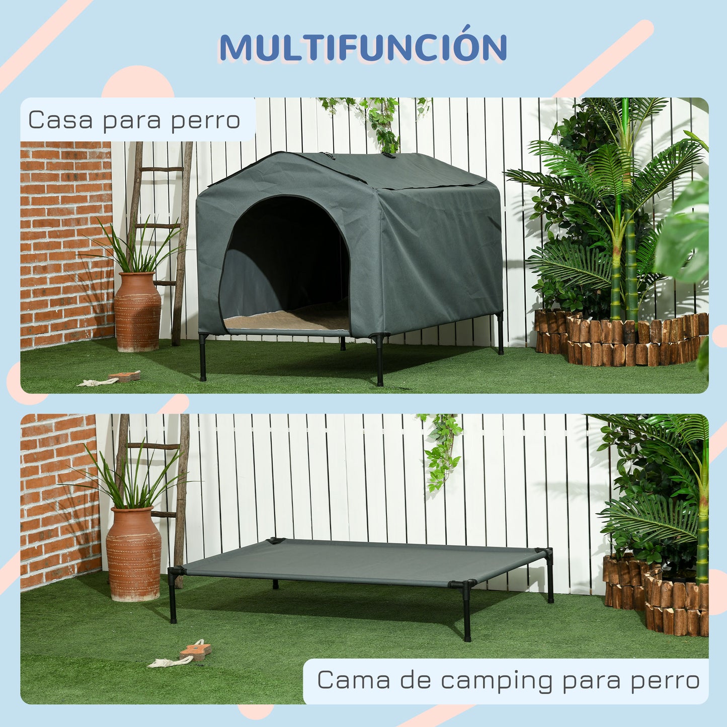 PawHut Caseta para Perros con Cubierta Exterior 130x85x95 cm Cama Elevada para Mascotas con Cojín y Ventanas de Malla Enrollable para Perros Grandes Gris