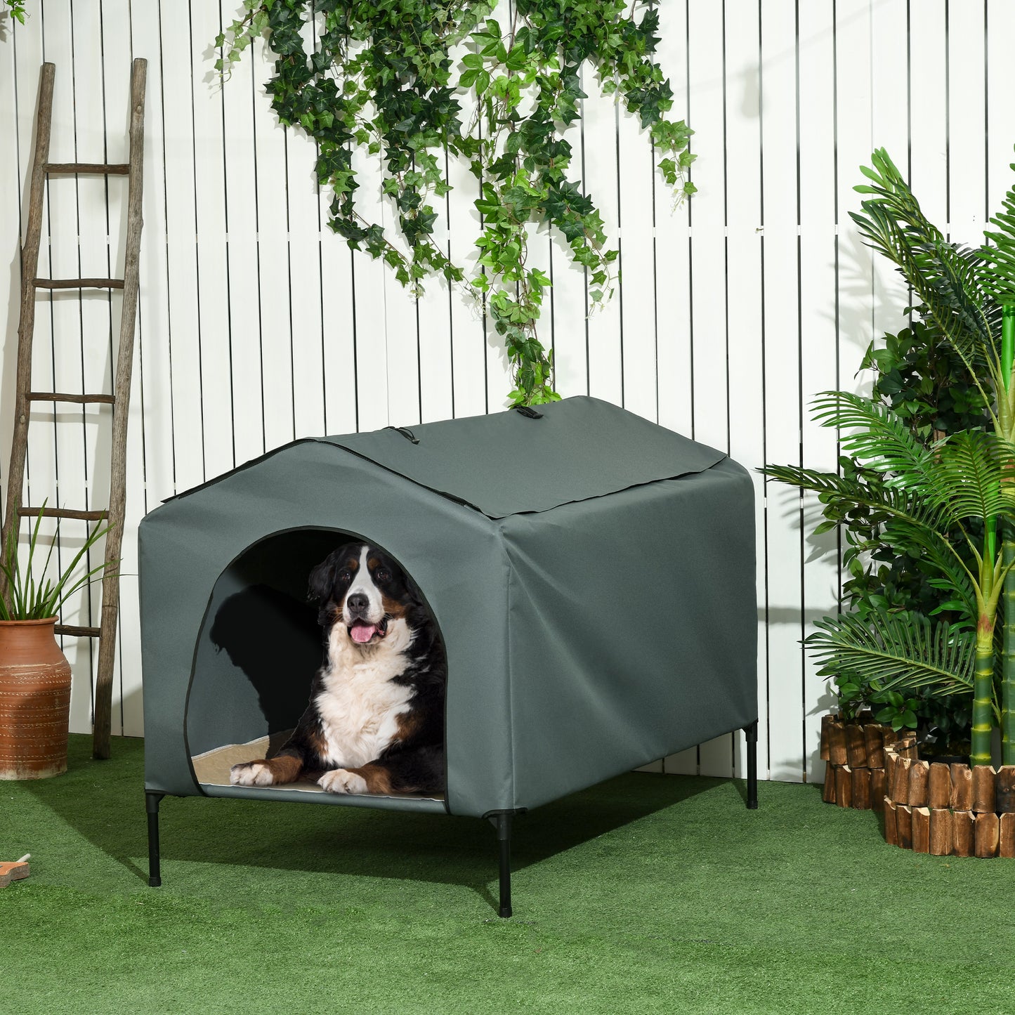 PawHut Caseta para Perros con Cubierta Exterior 130x85x95 cm Cama Elevada para Mascotas con Cojín y Ventanas de Malla Enrollable para Perros Grandes Gris