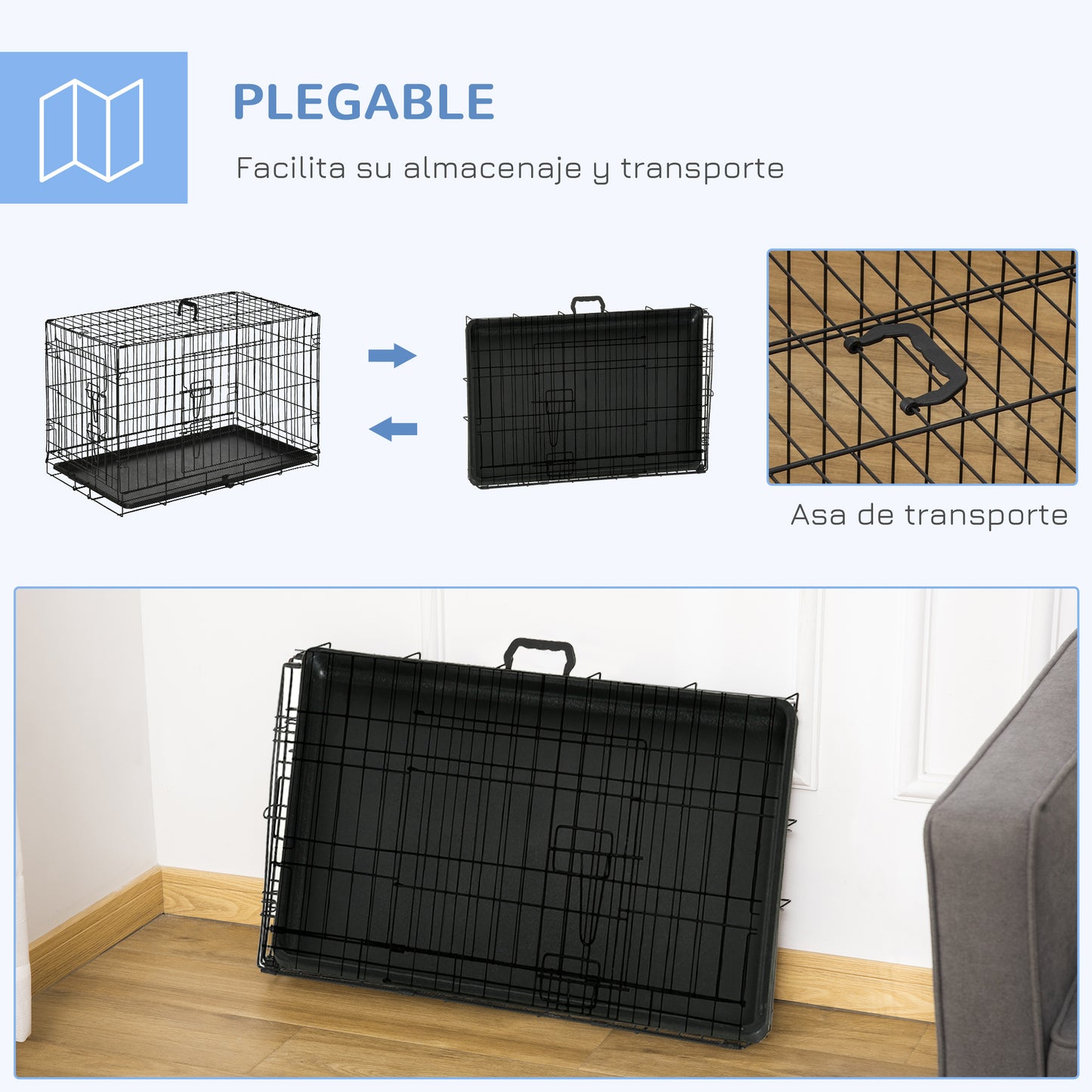 PawHut Jaula para Perros Plegable Transportín para Perros con 2 Puertas Bandeja Extraíble y Asa de Transporte 76x46x52 cm Negro