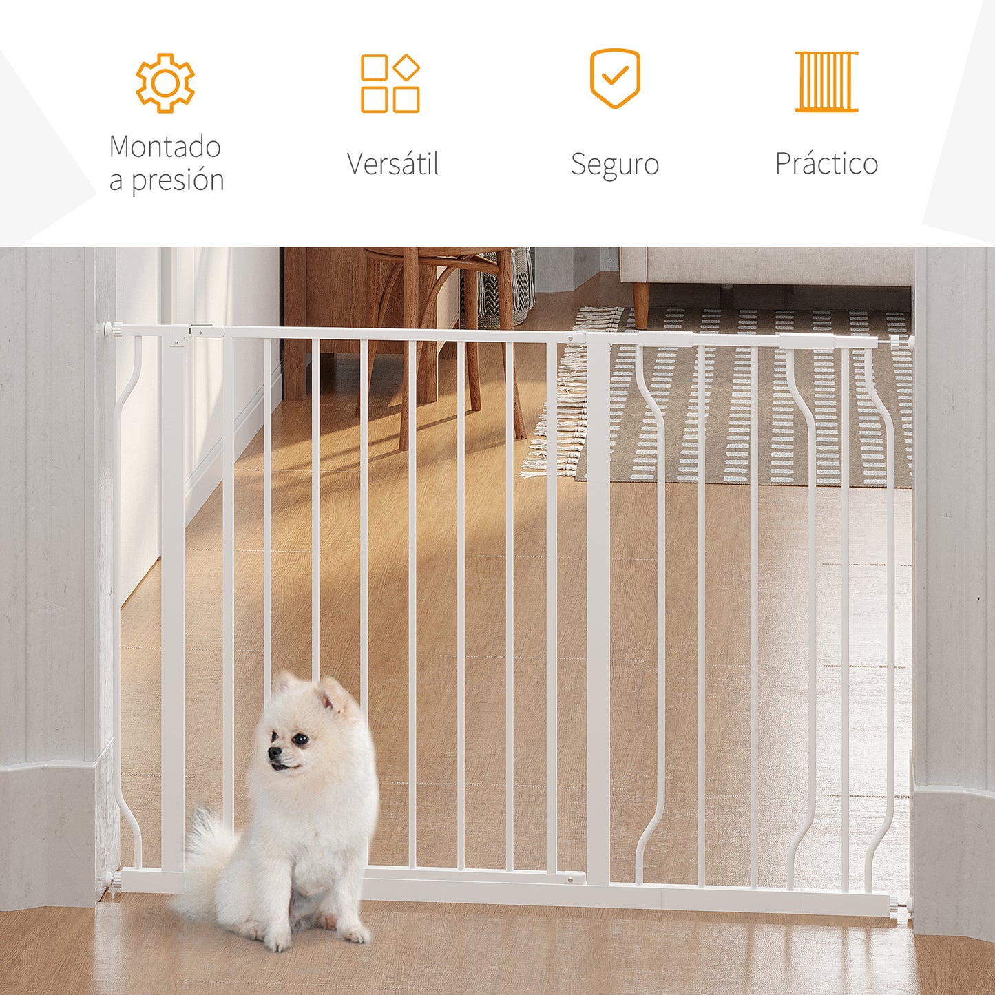 PawHut Barrera de Seguridad de Perros Extensible para Escaleras y Puertas 75-115 cm con Extensiones Montaje a Presión Acero Altura 76 cm Blanco