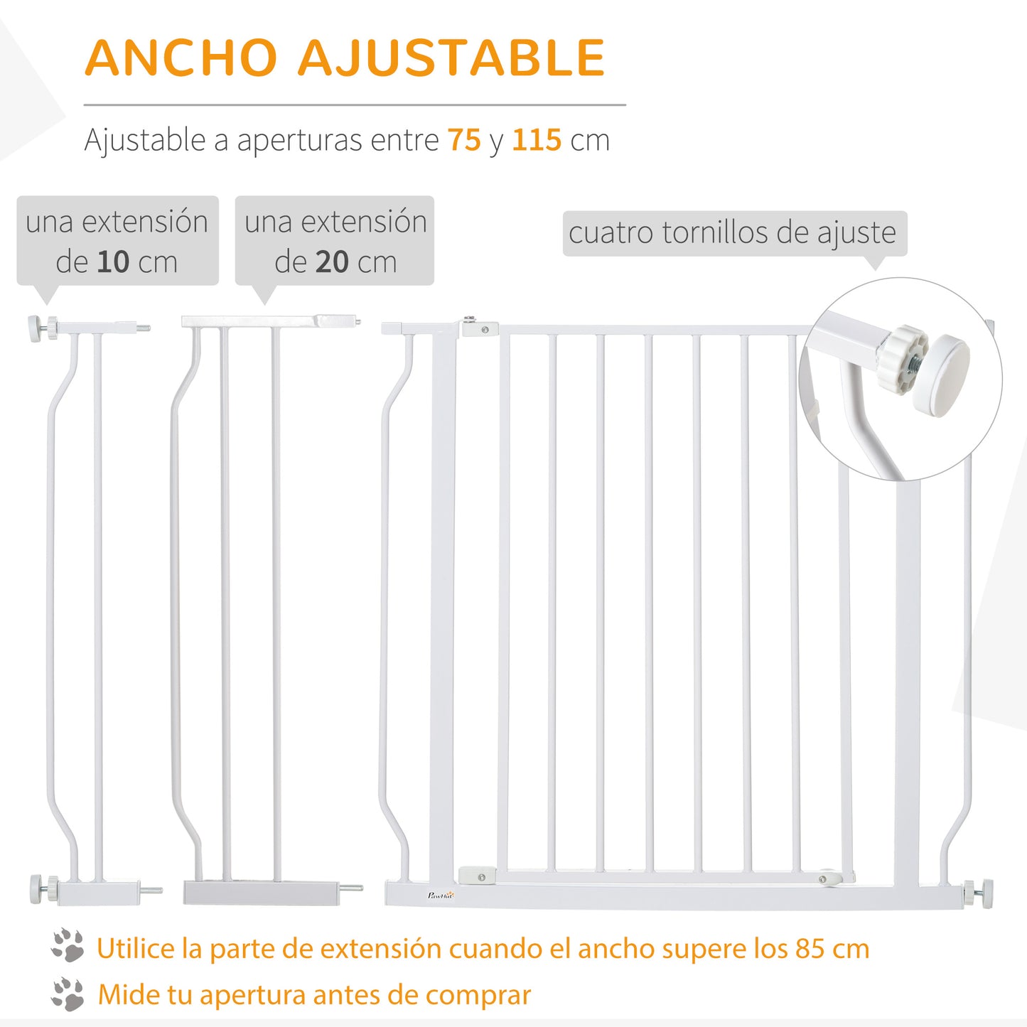 PawHut Barrera de Seguridad de Perros Extensible para Escaleras y Puertas 75-115 cm con Extensiones Montaje a Presión Acero Altura 76 cm Blanco