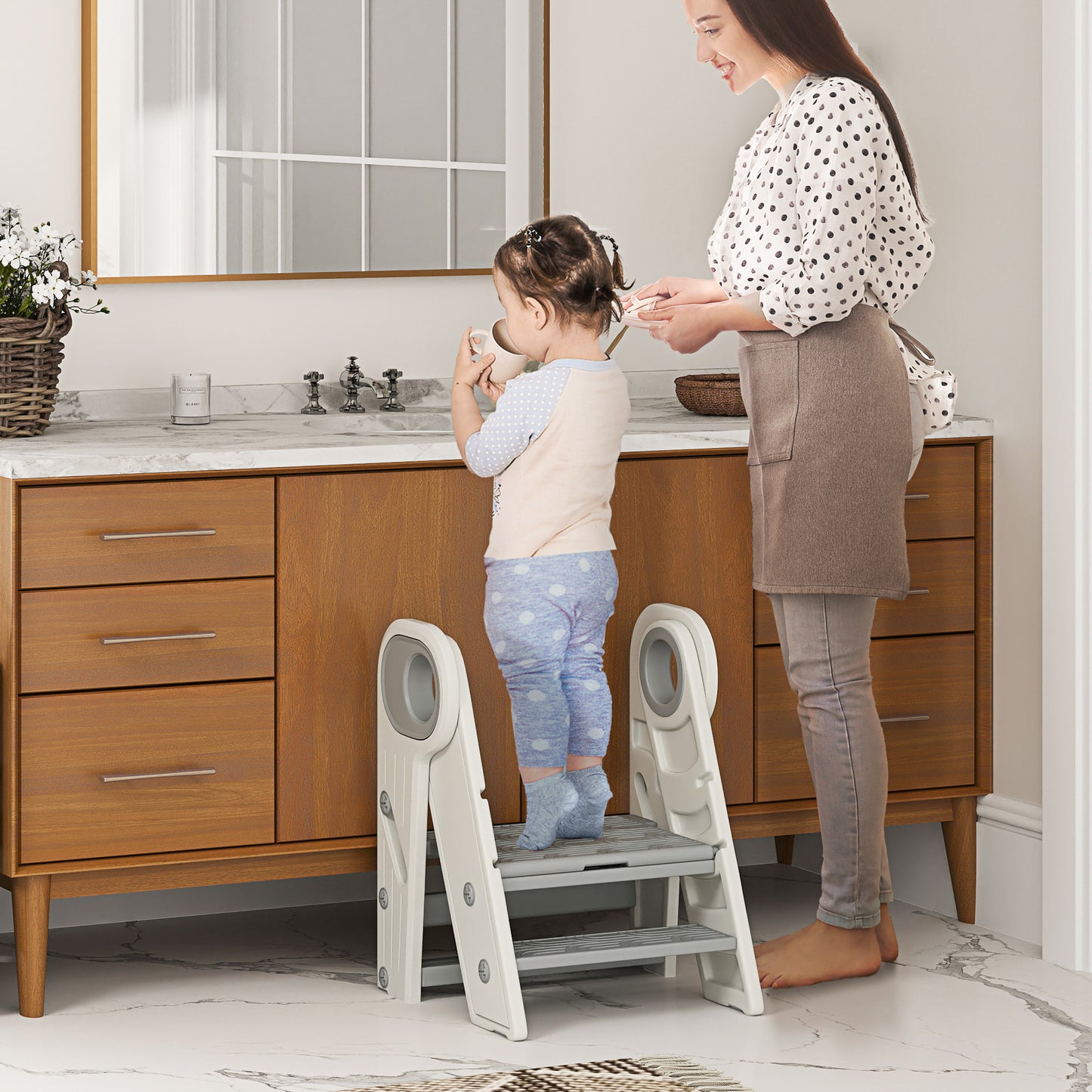 AIYAPLAY Taburete para Niños Plegable Torre de Aprendizaje Ajustable Escalera para Niños de 18-60 Meses Antideslizante para Baño Cocina Librería Dormitorio Gris y Blanco