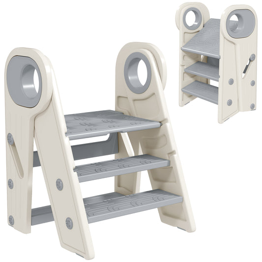 AIYAPLAY Taburete para Niños Plegable Torre de Aprendizaje Ajustable Escalera para Niños de 18-60 Meses Antideslizante para Baño Cocina Librería Dormitorio Gris y Blanco