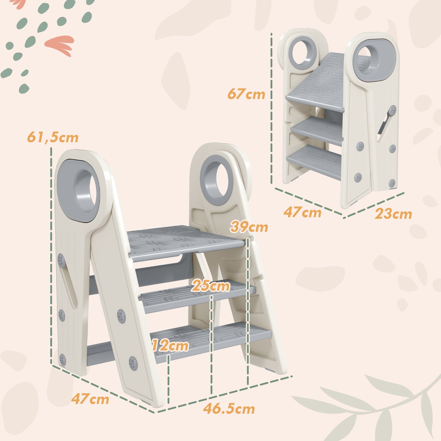 AIYAPLAY Taburete para Niños Plegable Torre de Aprendizaje Ajustable Escalera para Niños de 18-60 Meses Antideslizante para Baño Cocina Librería Dormitorio Gris y Blanco