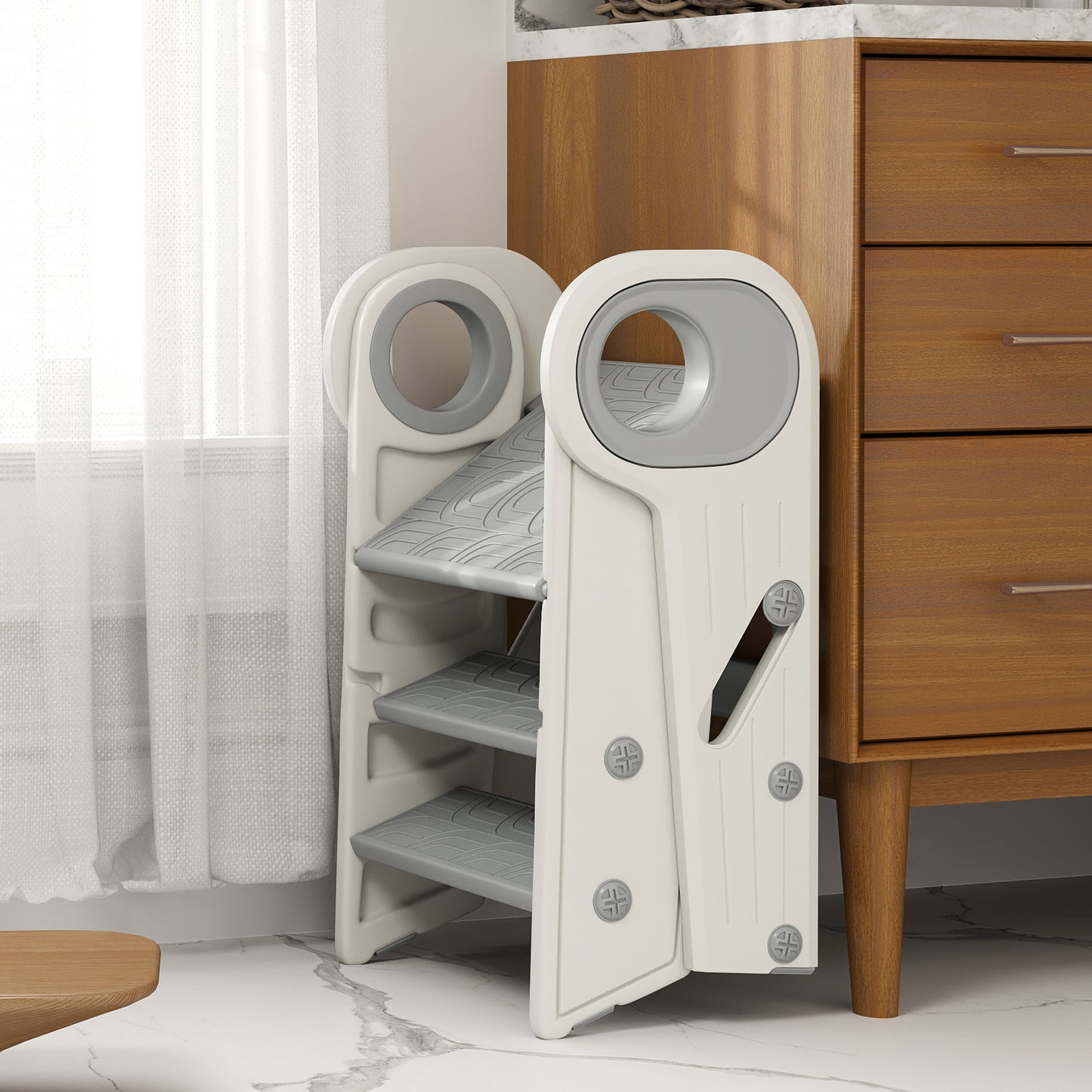 AIYAPLAY Taburete para Niños Plegable Torre de Aprendizaje Ajustable Escalera para Niños de 18-60 Meses Antideslizante para Baño Cocina Librería Dormitorio Gris y Blanco