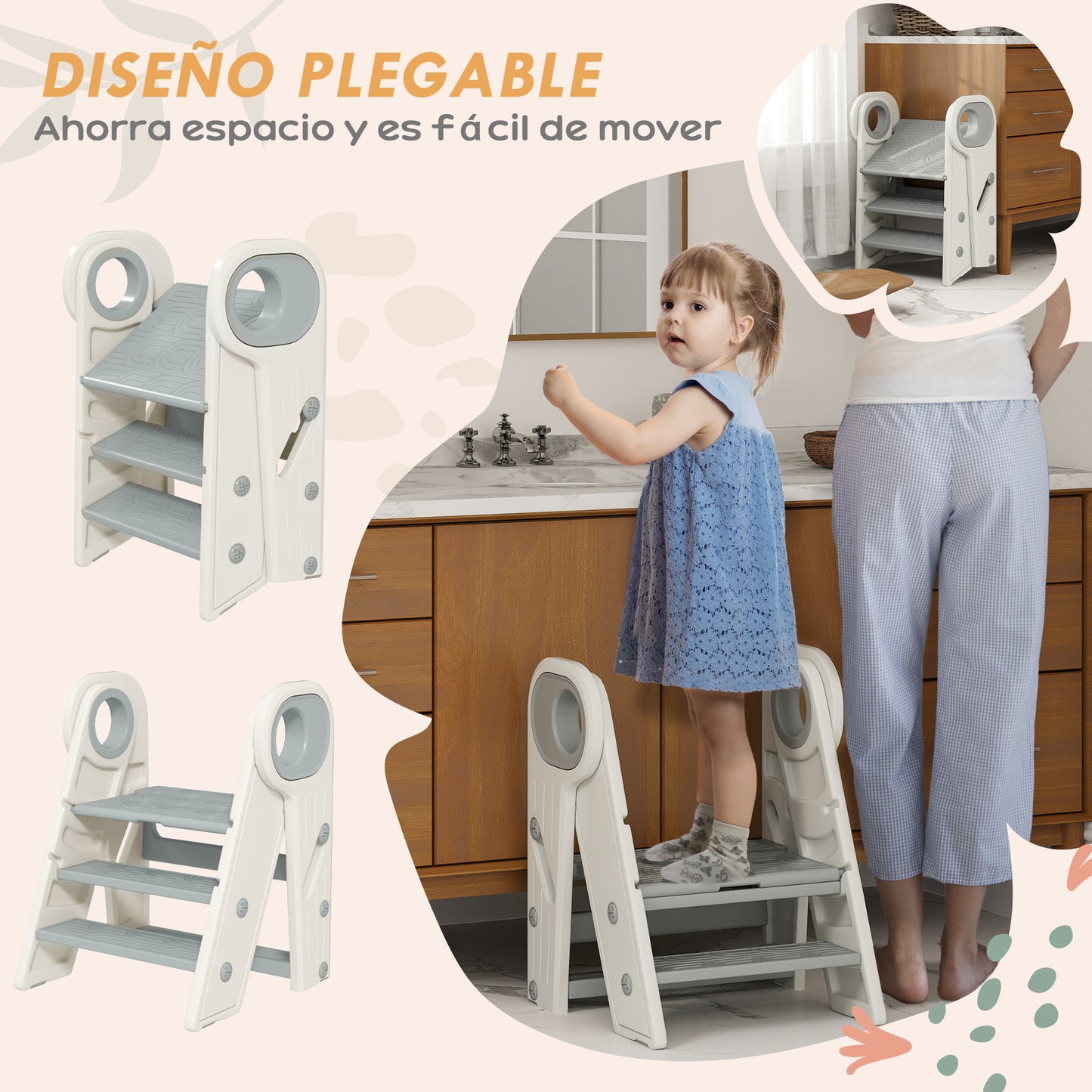 AIYAPLAY Taburete para Niños Plegable Torre de Aprendizaje Ajustable Escalera para Niños de 18-60 Meses Antideslizante para Baño Cocina Librería Dormitorio Gris y Blanco