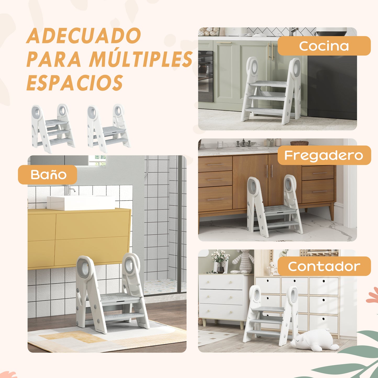 AIYAPLAY Taburete para Niños Plegable Torre de Aprendizaje Ajustable Escalera para Niños de 18-60 Meses Antideslizante para Baño Cocina Librería Dormitorio Gris y Blanco