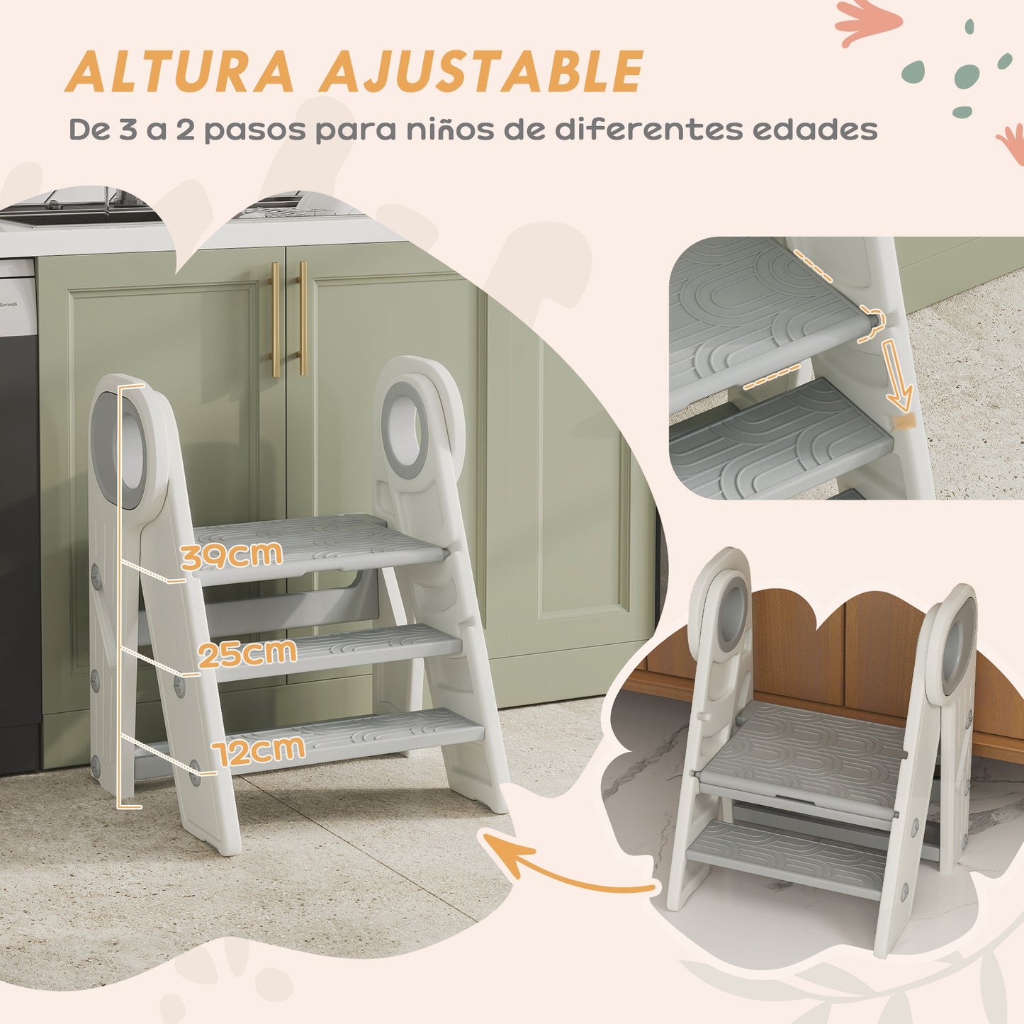 AIYAPLAY Taburete para Niños Plegable Torre de Aprendizaje Ajustable Escalera para Niños de 18-60 Meses Antideslizante para Baño Cocina Librería Dormitorio Gris y Blanco