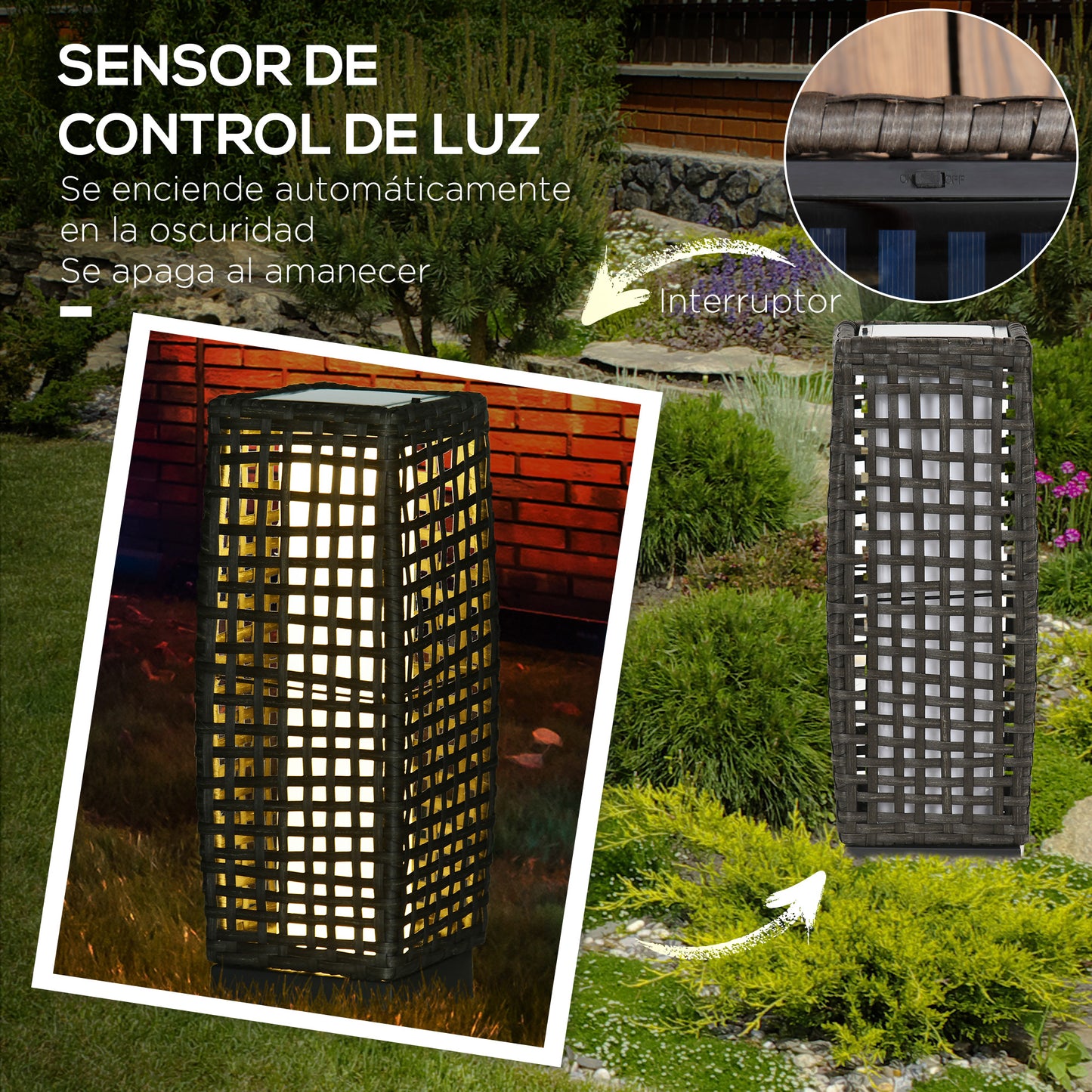 Outsunny Linterna de Jardín de Ratán Sintético Luces Solares Exterior con Luces LED Encendido/Apagado Automático para Terraza Balcón Patio 17x17x46 cm Gris