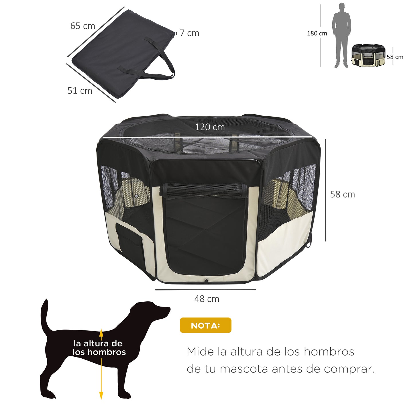 PawHut Parque Plegable para Perros y Gatos Parque de Juego para Mascotas con 2 Puertas y Cojín de Tela Oxford Juego Entrenamiento para Dormitorio Ø120x58 cm Negro