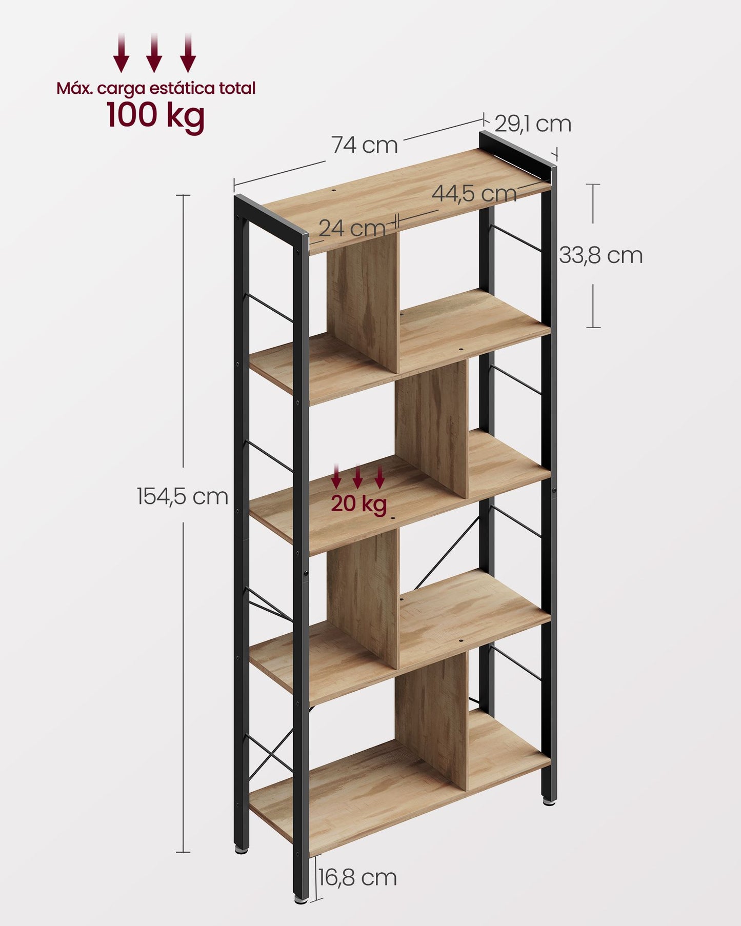 Librería Estantería de Almacenamiento de 5 Niveles Marrón Camello y Negro Tinta-VASAGLE