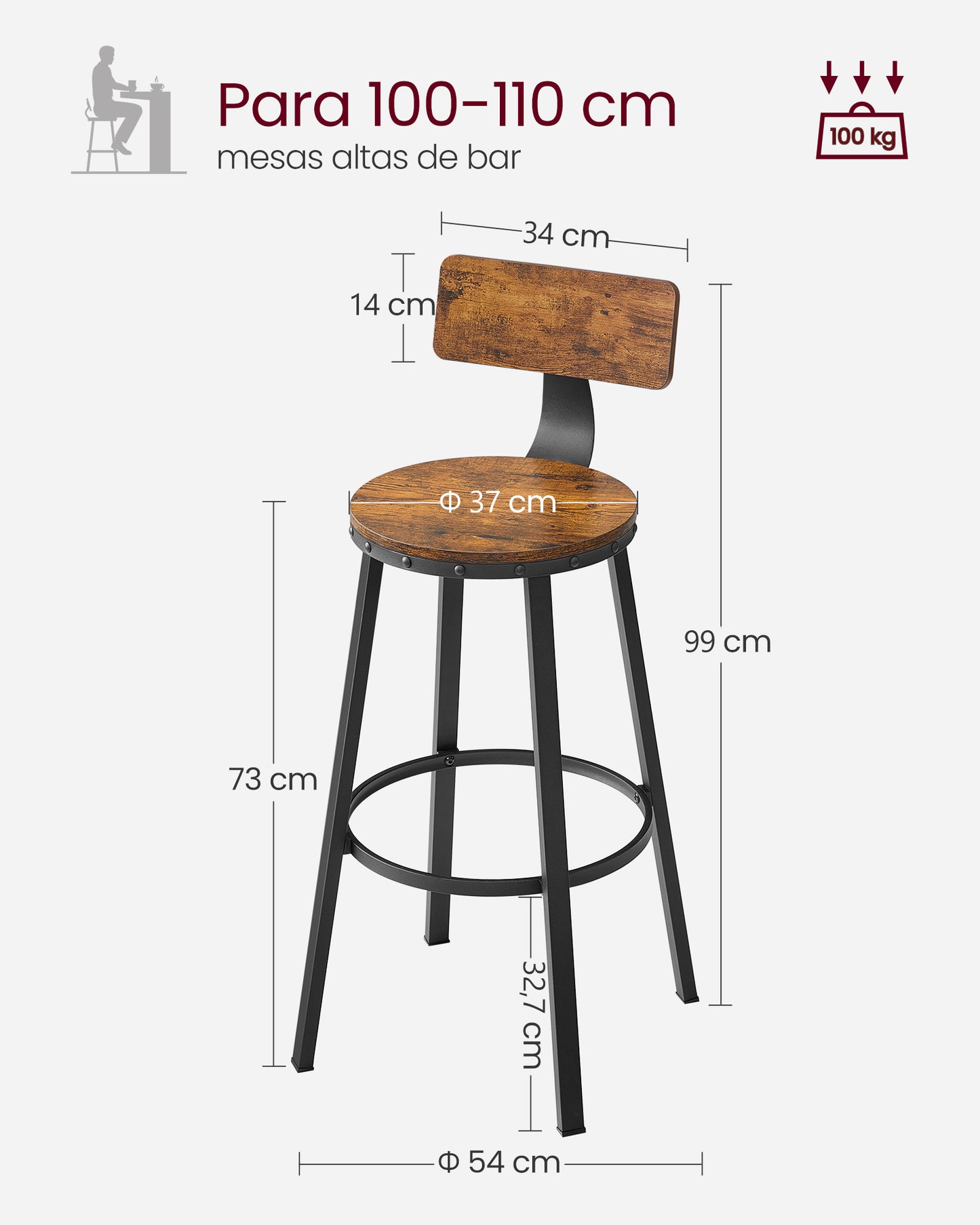 Juego de 2 Taburetes Altos Industrial Marrón Rústico-VASAGLE