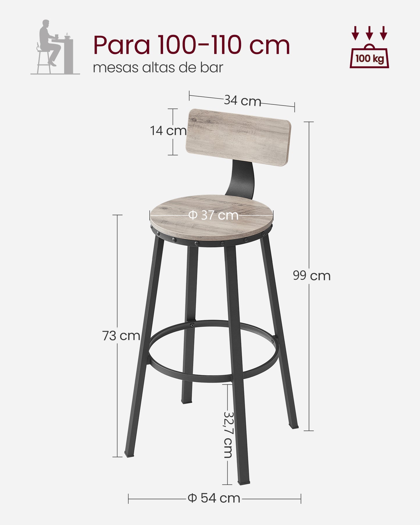 Juego de 2 Taburetes Altos Greige y Negro-VASAGLE