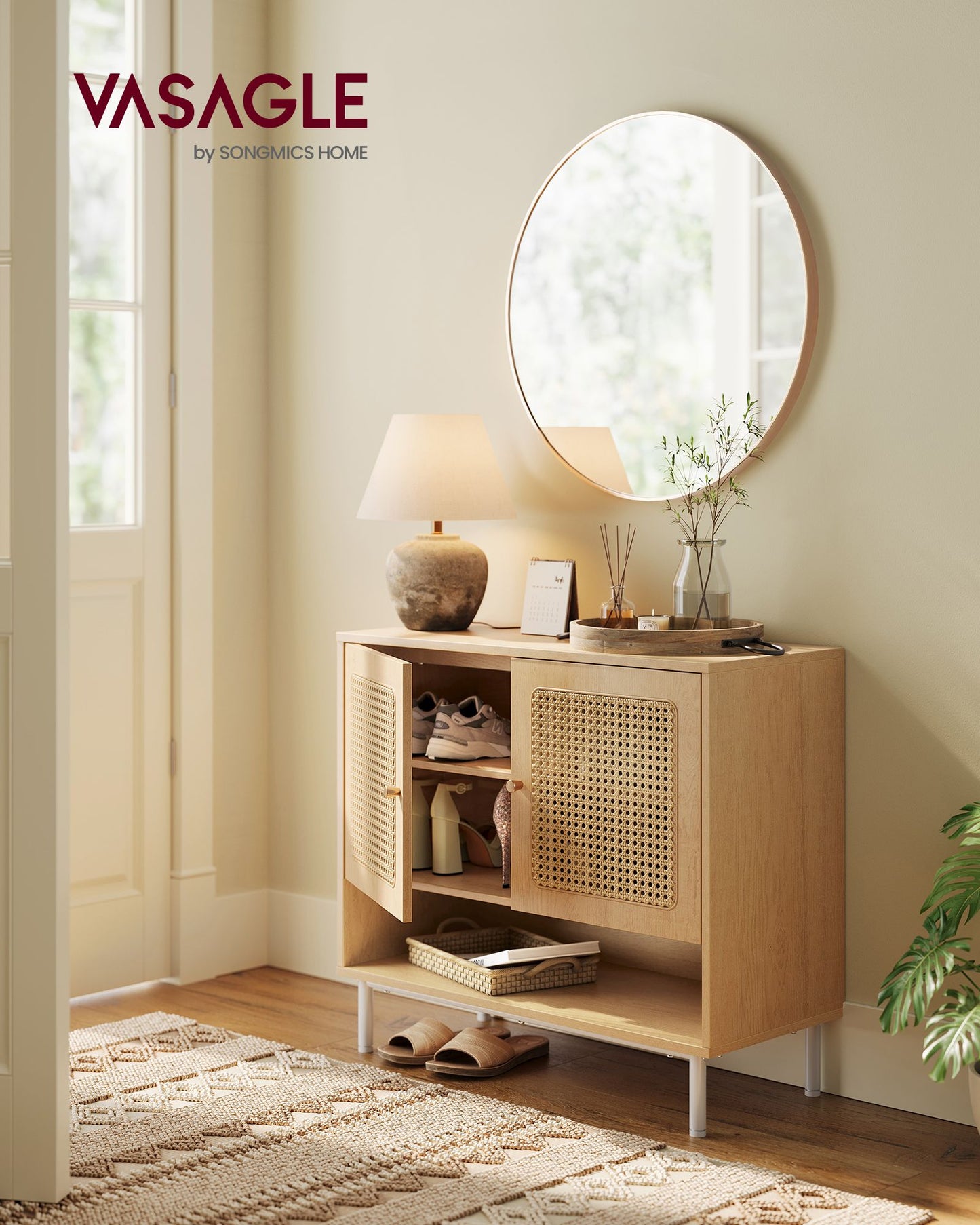 Mueble Zapatero de 3 Niveles de Ratán Estilo Boho Beige Roble-VASAGLE