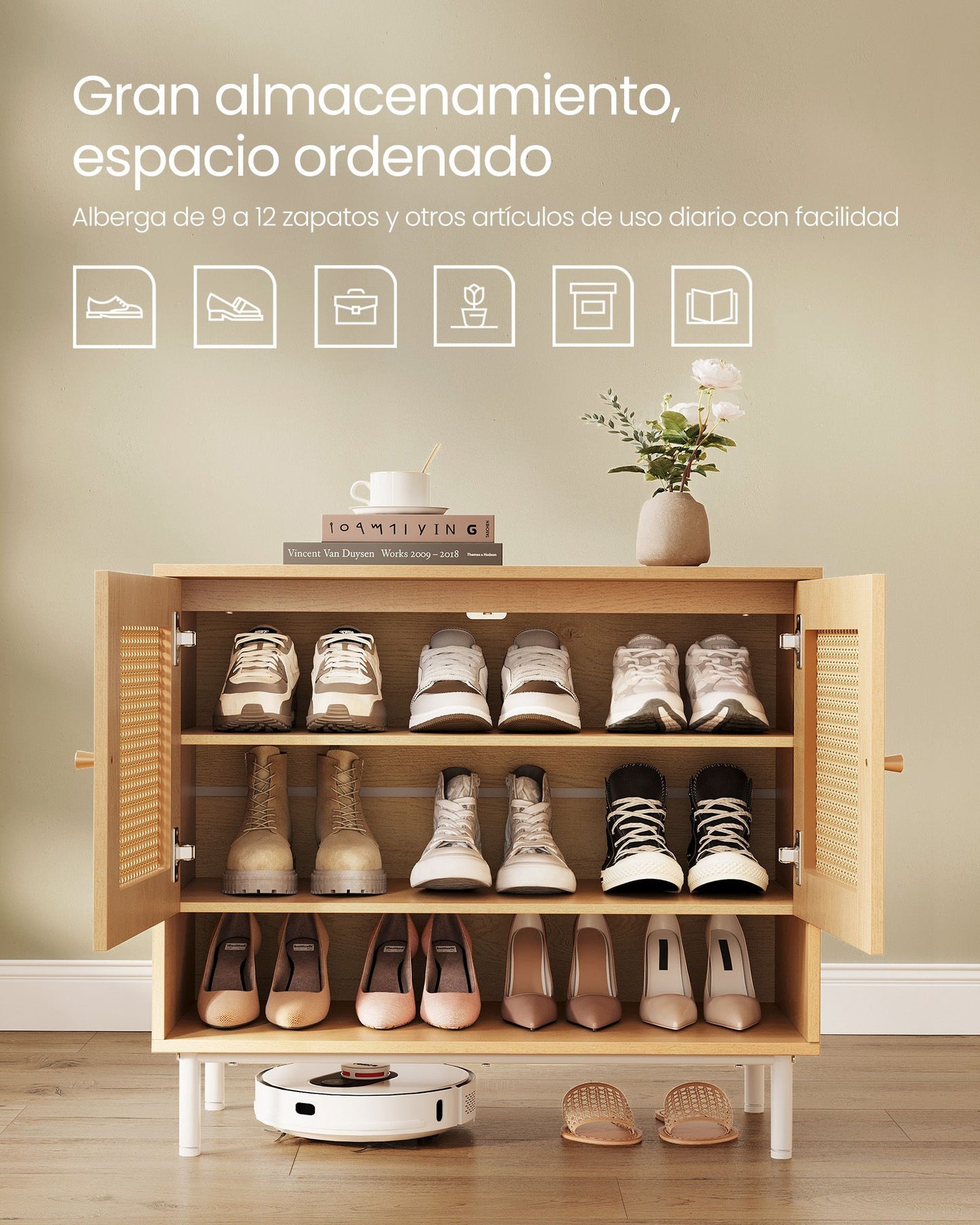 Mueble Zapatero de 3 Niveles de Ratán Estilo Boho Beige Roble-VASAGLE