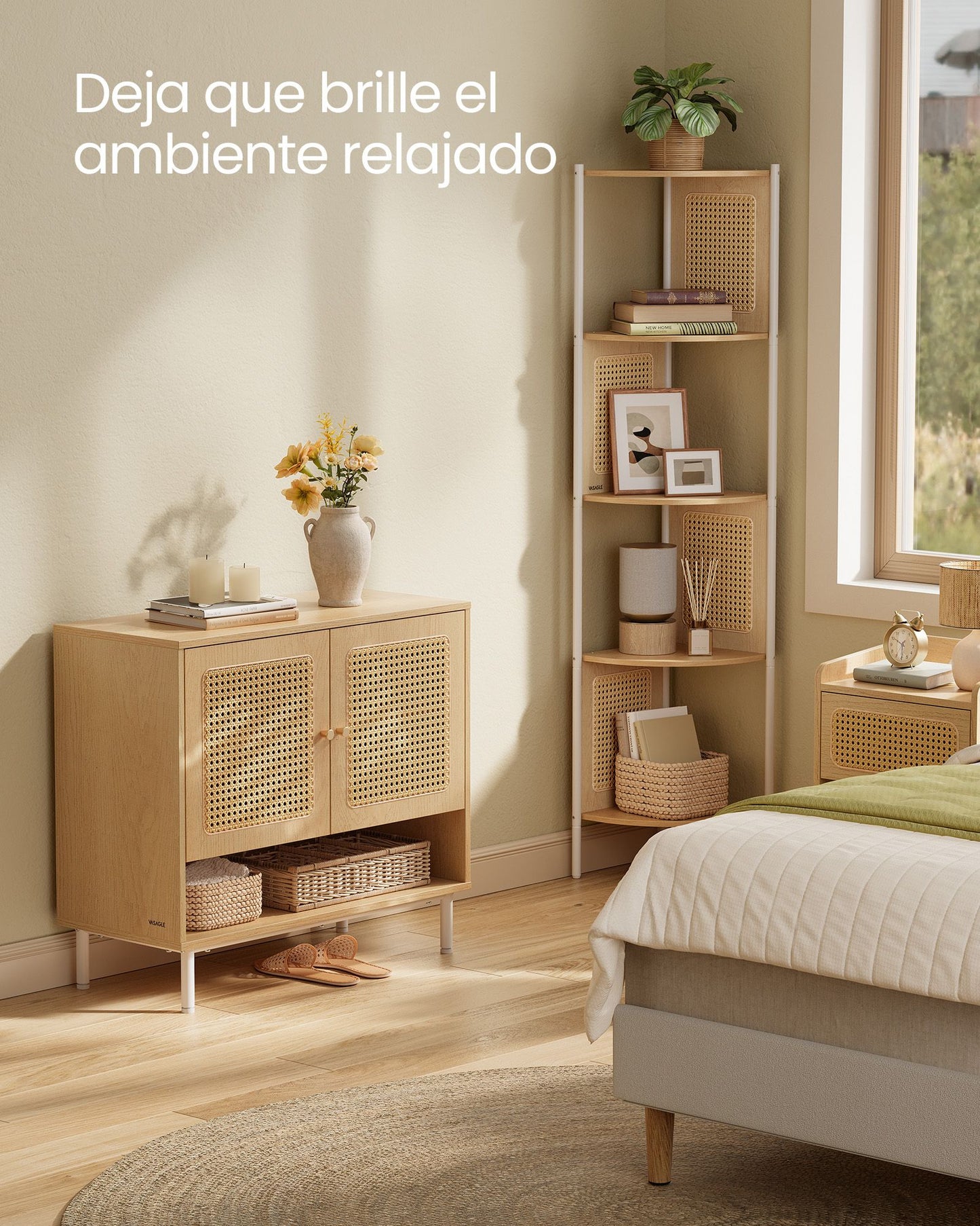 Mueble Zapatero de 3 Niveles de Ratán Estilo Boho Beige Roble-VASAGLE