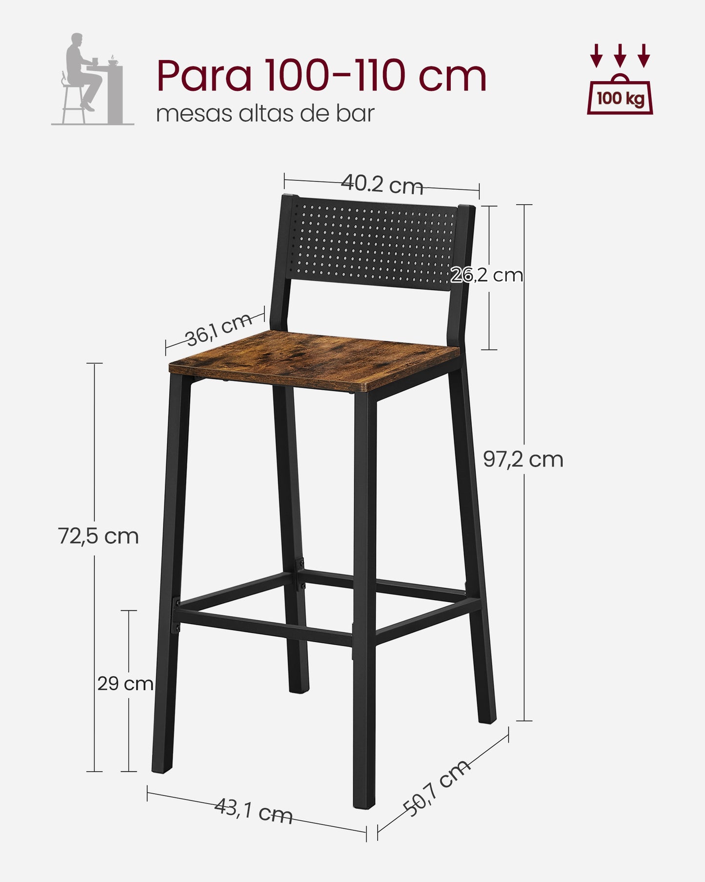 Juego de 2 Taburete de Bar Taburetes Altos de Cocina Marrón Rústico y Negro-VASAGLE