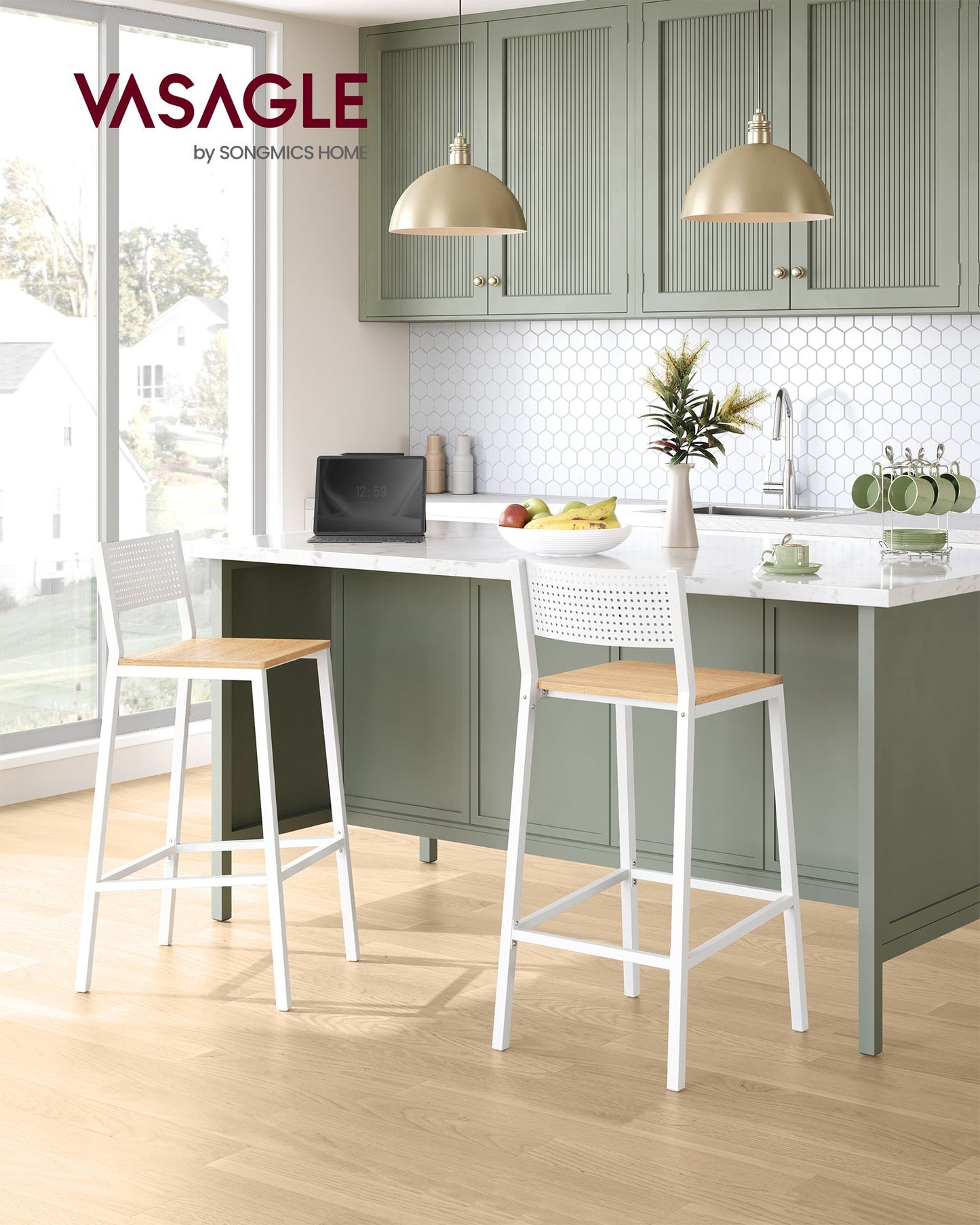 Juego de 2 Taburetes Altos de Cocina Beige Roble y Blanco-VASAGLE