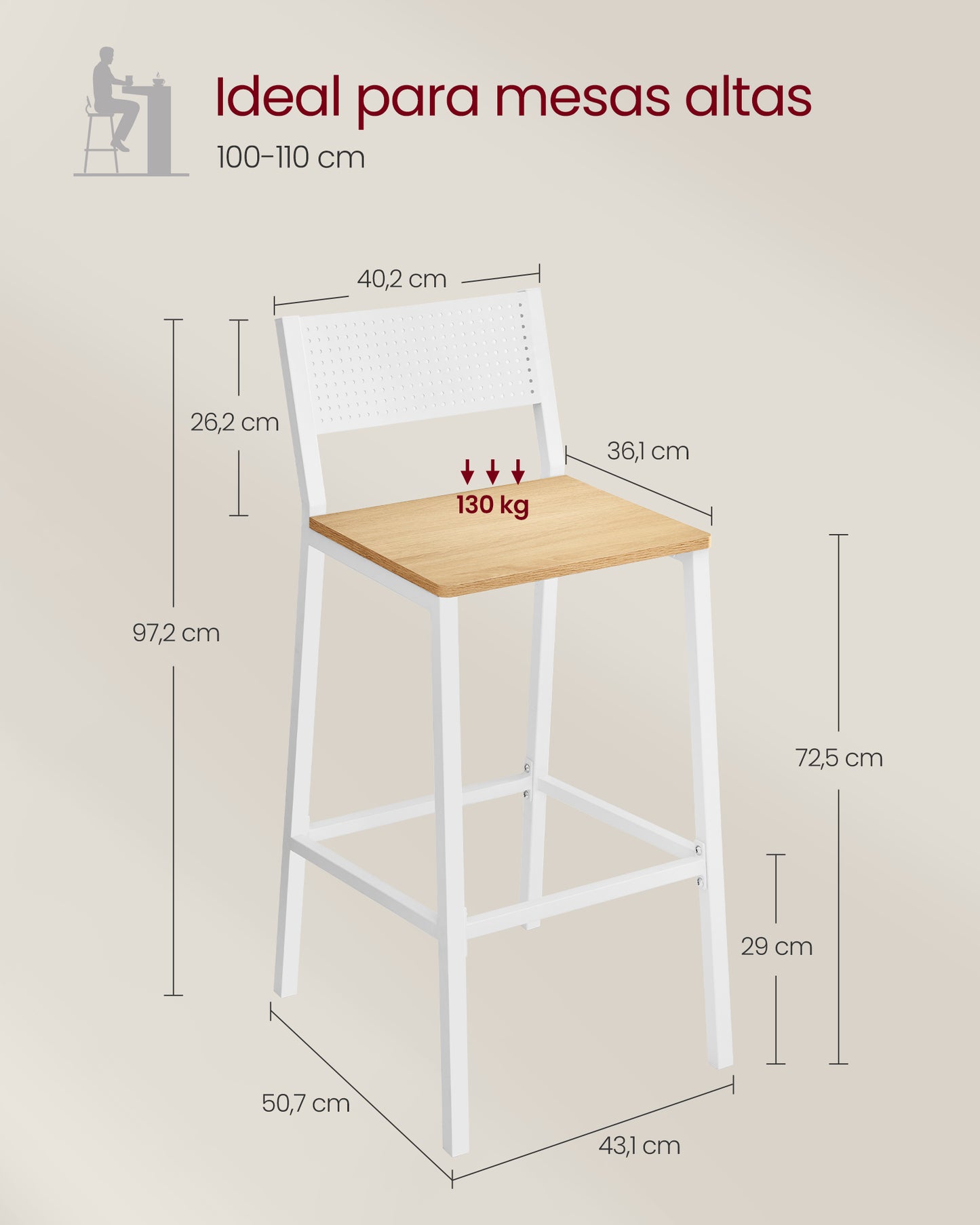 Juego de 2 Taburetes Altos de Cocina Beige Roble y Blanco-VASAGLE