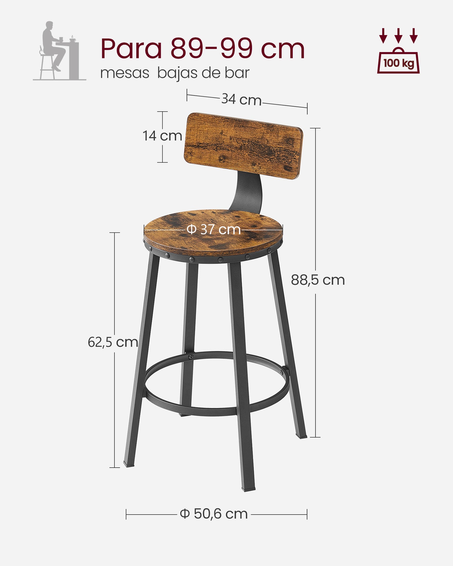 Juego de 2 Taburetes de Bar Industrial-VASAGLE