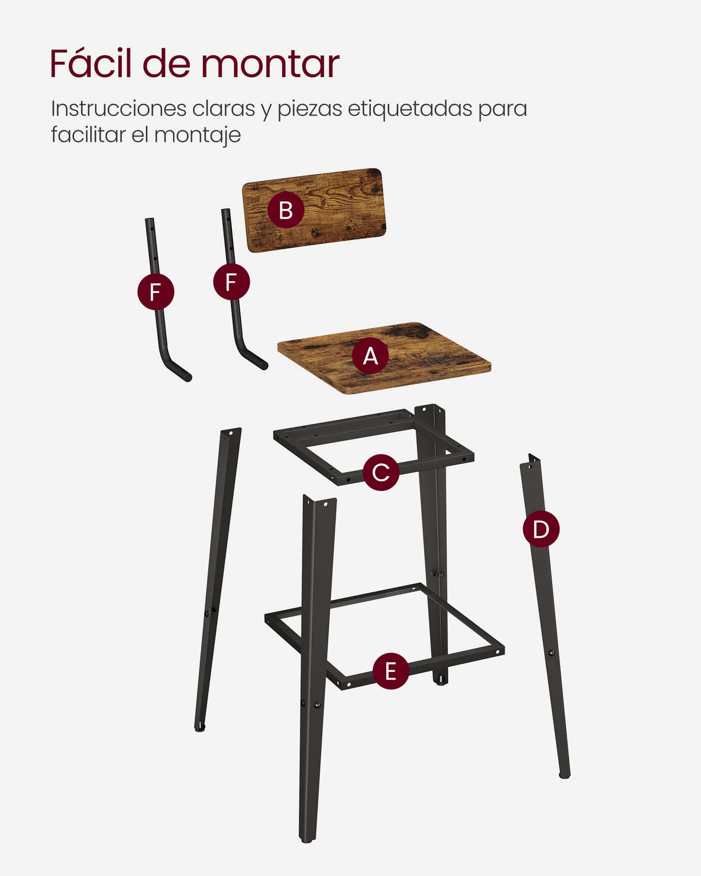 Juego de 2 Taburetes de Bar Sillas de Bar de Cocina Marrón Rústico y Negro-VASAGLE