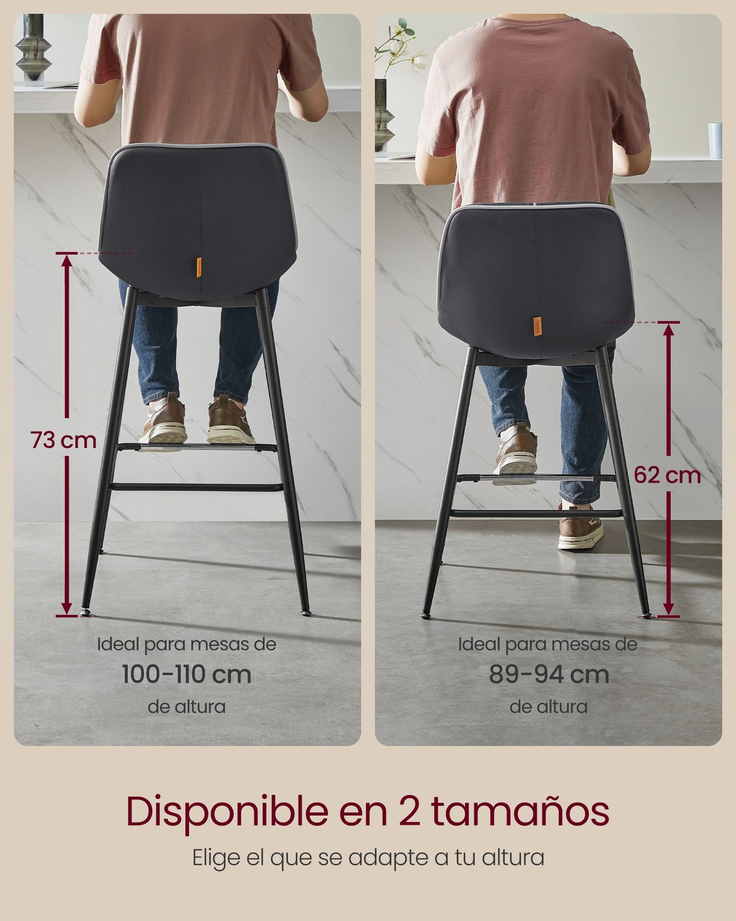 Juego de 2 Taburetes de Bar 62 cm de Altura-VASAGLE