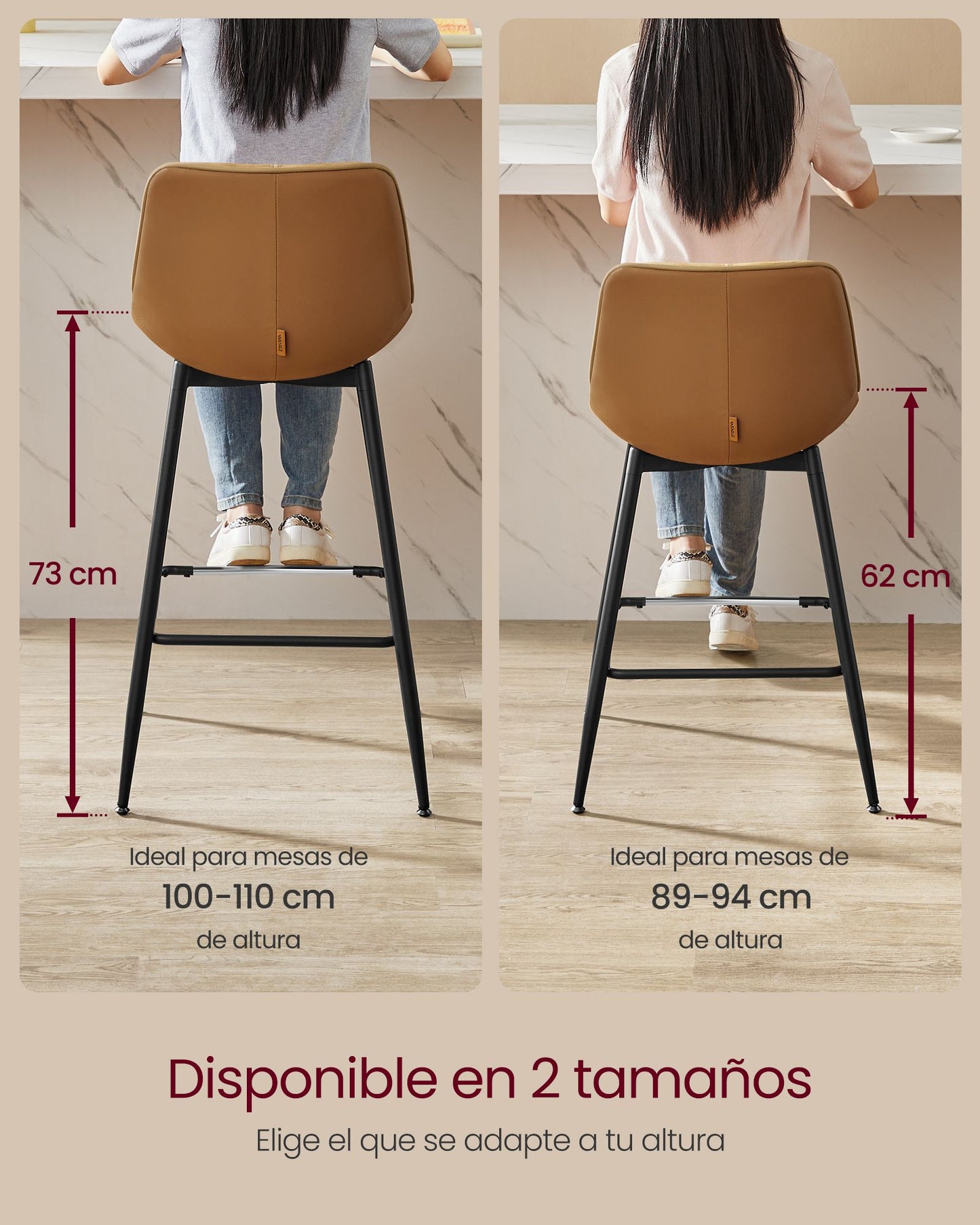 Juego de 2 Taburetes de Bar Sillas de Cocina Respaldo Ergonómico Marrón Camello-VASAGLE