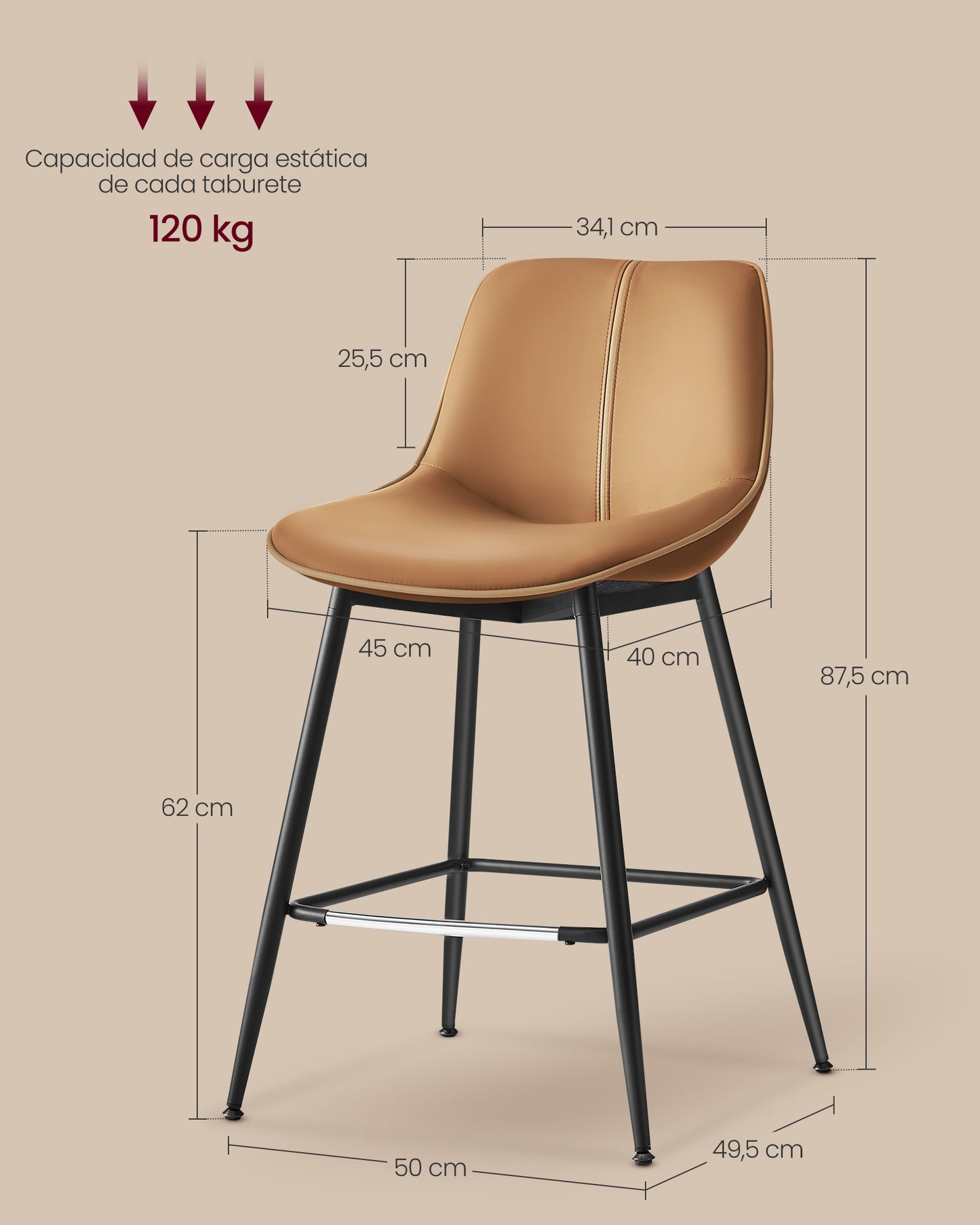 Juego de 2 Taburetes de Bar Sillas de Cocina Respaldo Ergonómico Marrón Camello-VASAGLE