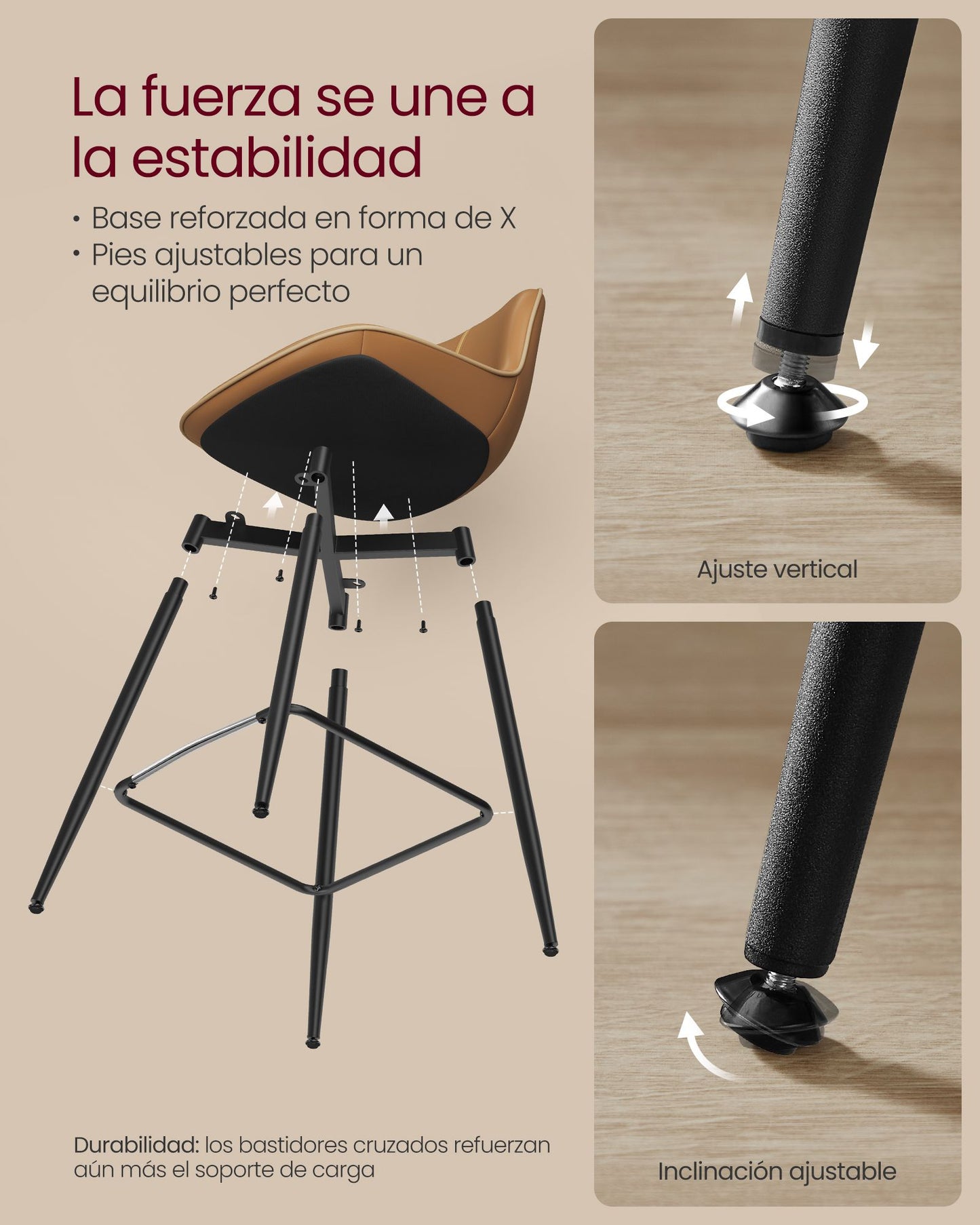 Juego de 2 Taburetes de Bar Sillas de Cocina Respaldo Ergonómico Marrón Camello-VASAGLE