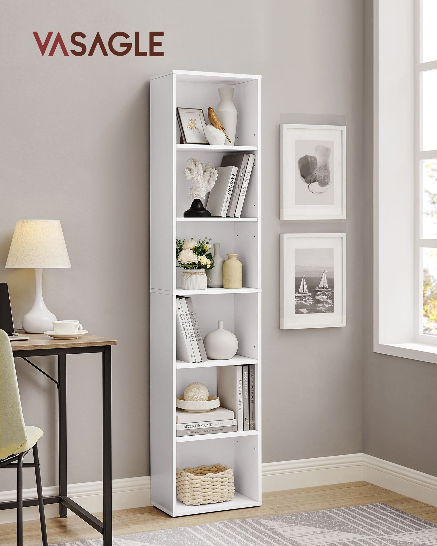 Librería Estantería de 6 Niveles 24 x 40 x 178,5 cm Blanco-VASAGLE