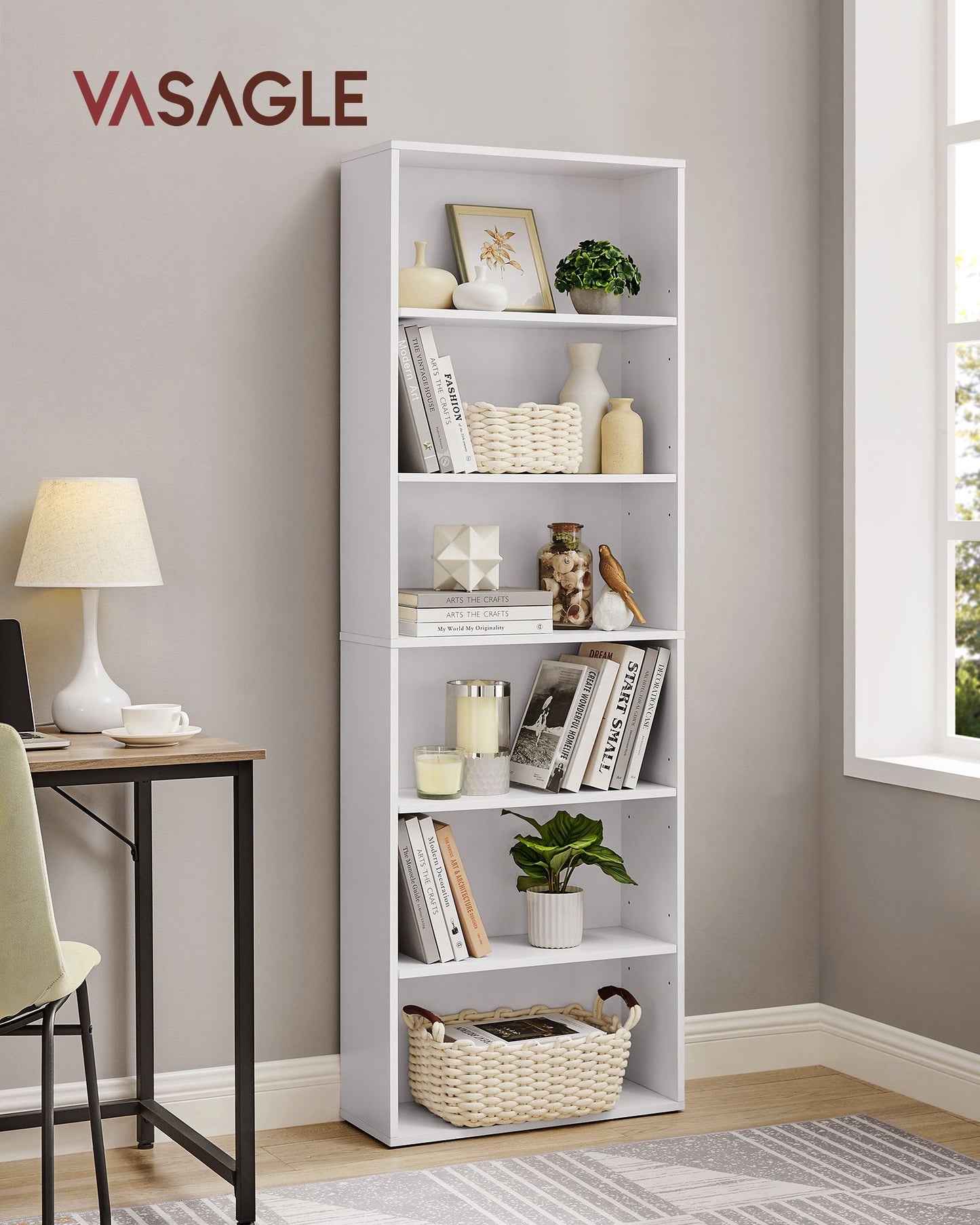 Librería Estantería de 6 Niveles Estilo Escandinavo 40 x 24 x 178,5 cm Blanco-VASAGLE