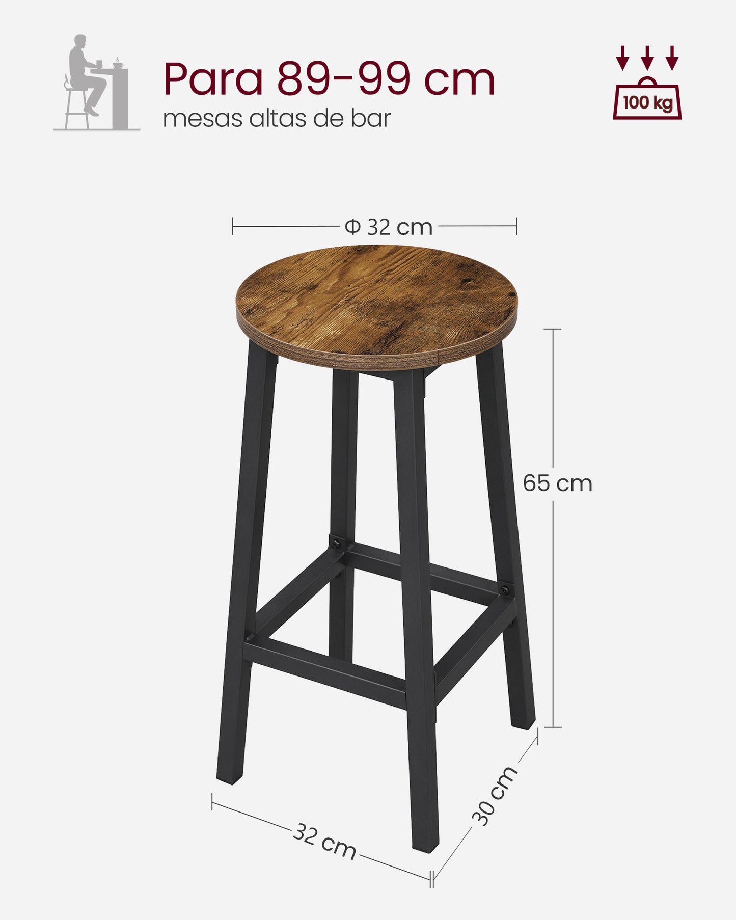 Juego de 2 Taburete de Bar Silla Redonda Silla Alta Marco de Acero Industrial-VASAGLE