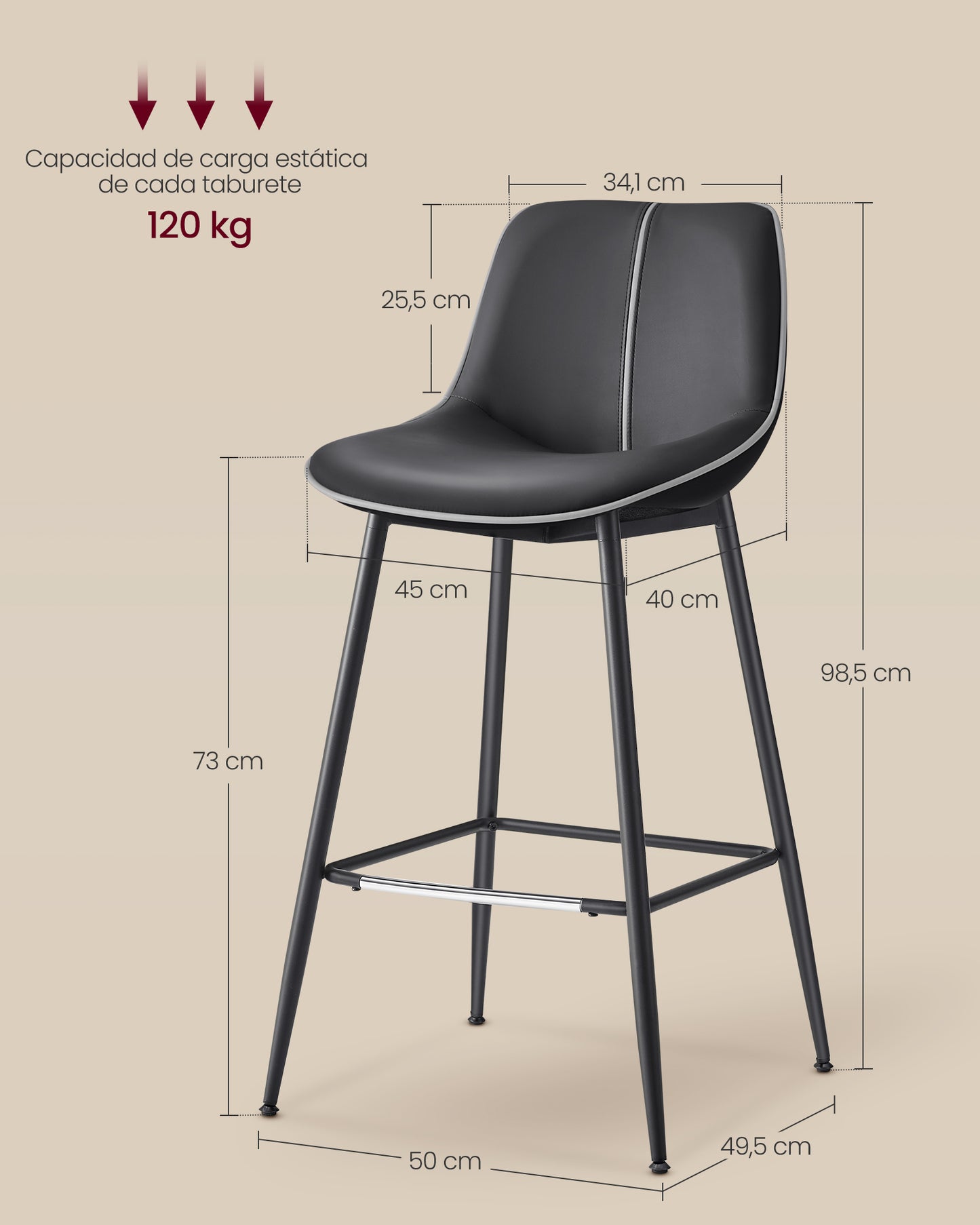 Juego de 2 Taburetes de Bar 73 cm de Altura Negro Tinta-VASAGLE