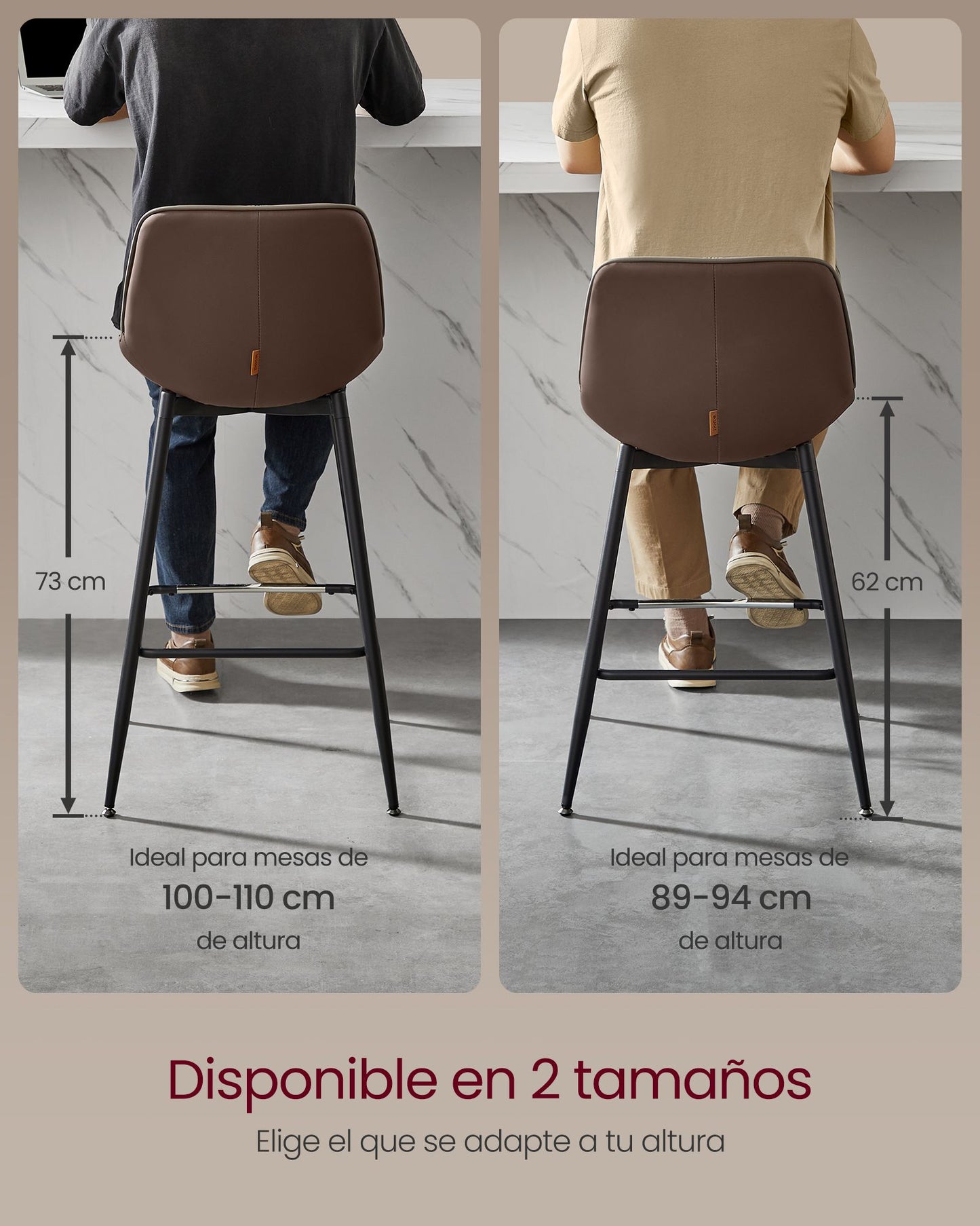 Juego de 2 Taburetes de Bar 73 cm de Altura Marrón Café-VASAGLE