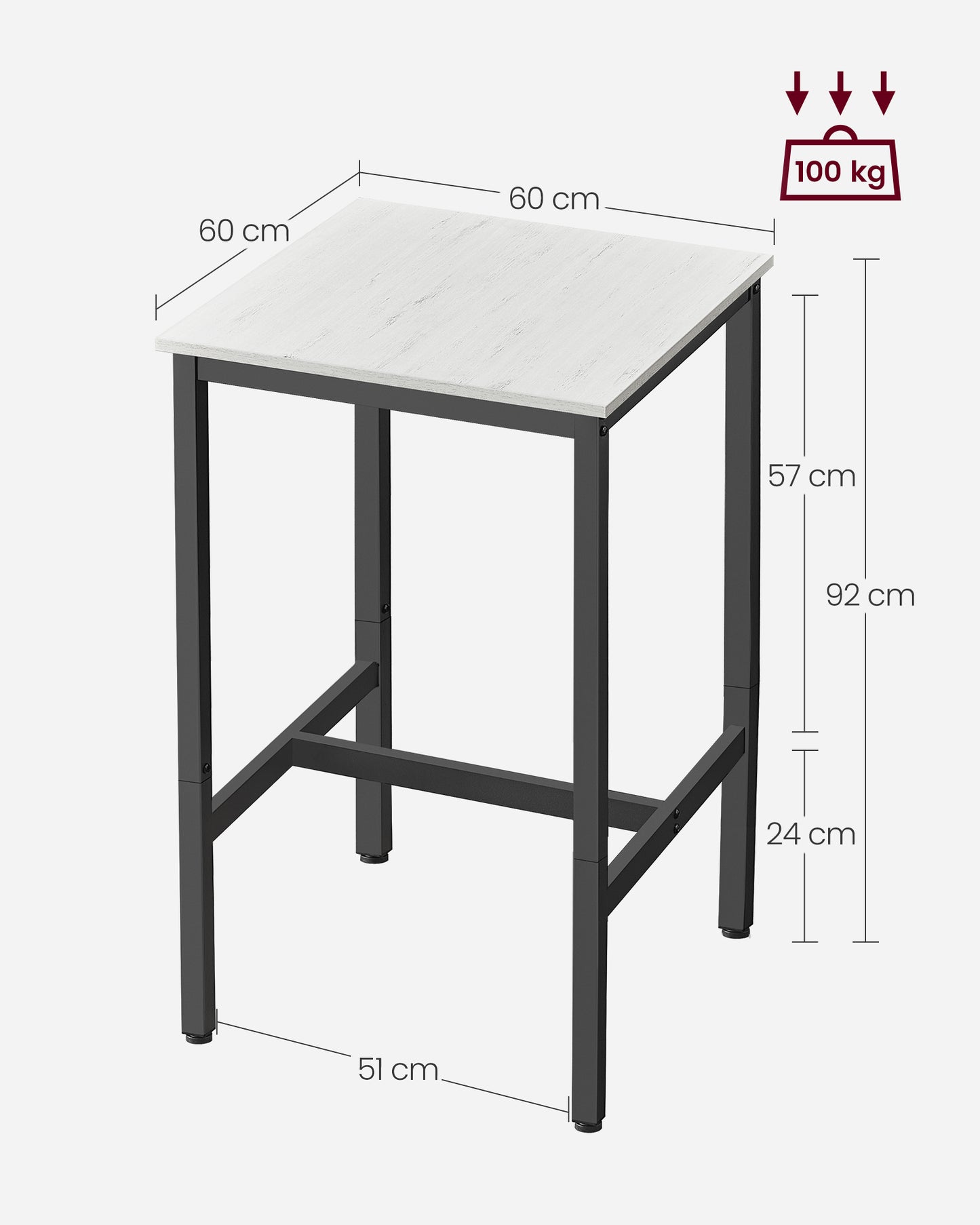 Mesa de Bar 60 x 60 x 92 cm Blanco Rústico y Negro-VASAGLE